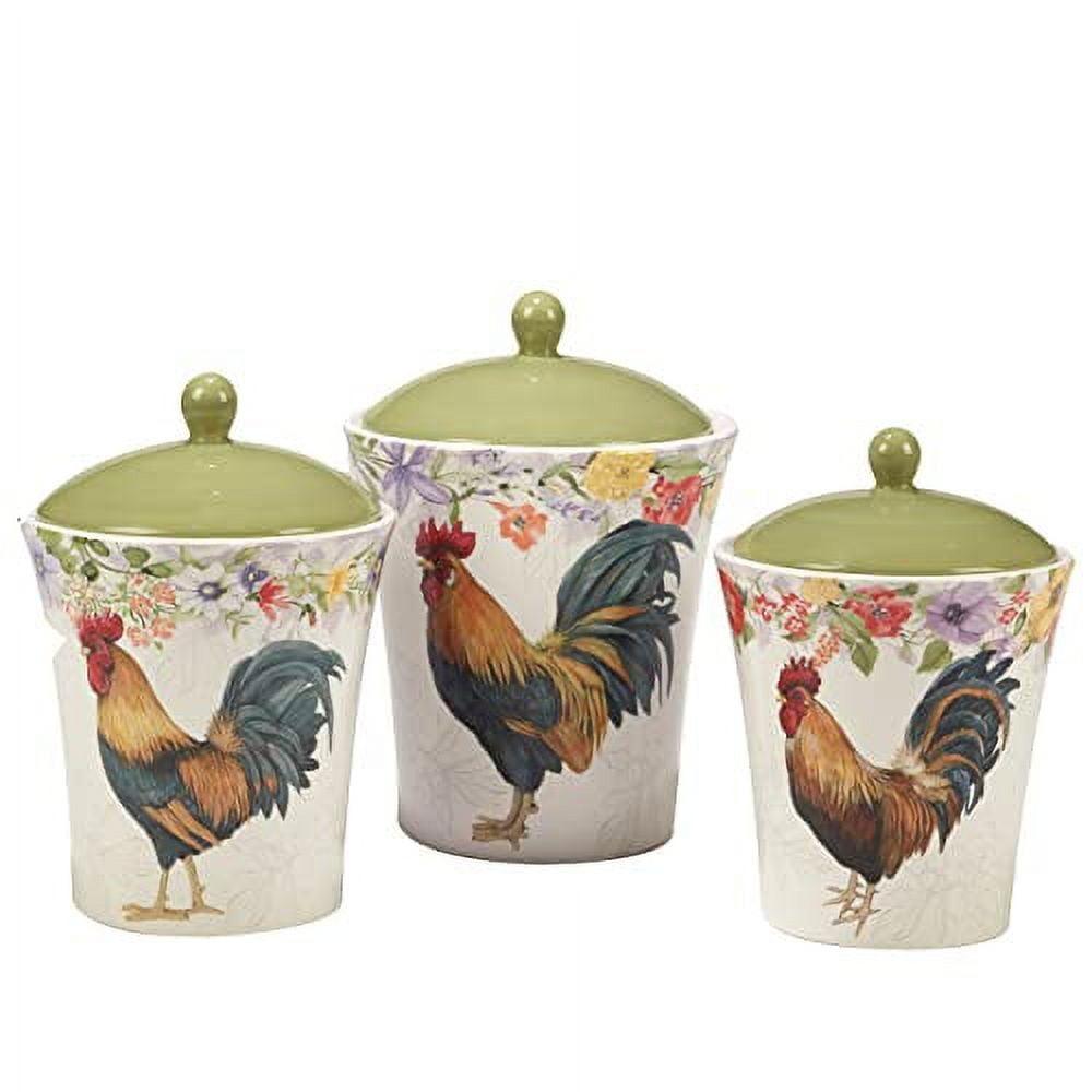 Green Ceramic Rooster Floral 3-Piece Canister Set