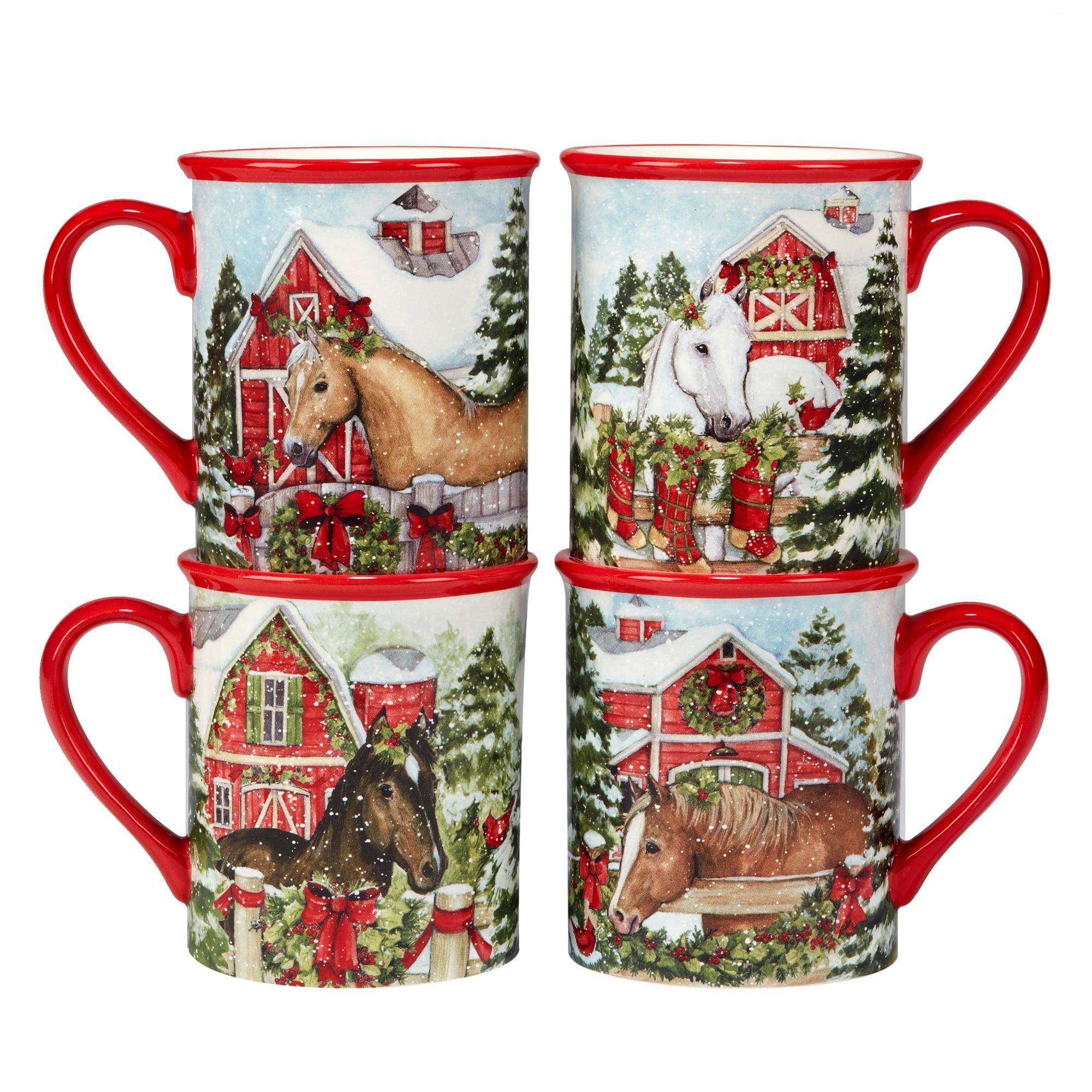 Homestead Christmas Red Ceramic Horse Mugs, Set of 4