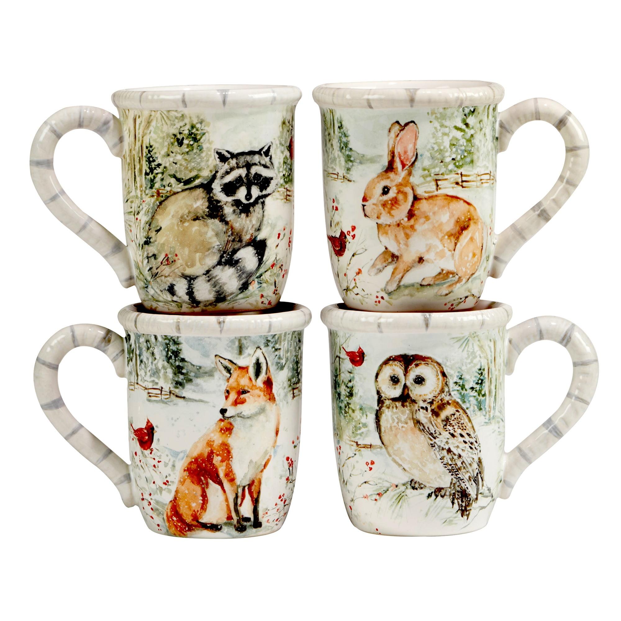 Winter's Walk Multicolor Ceramic 16oz Animal Print Mugs, Set of 4