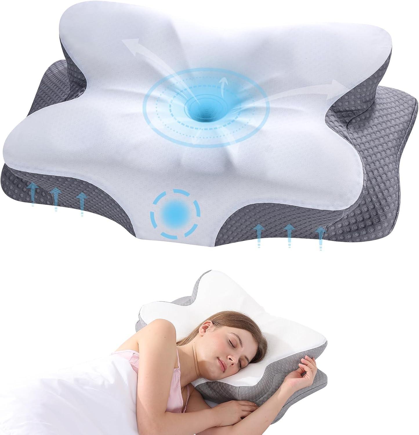 Ergonomic White Memory Foam Cervical Neck Pillow with Cooling Pillowcase