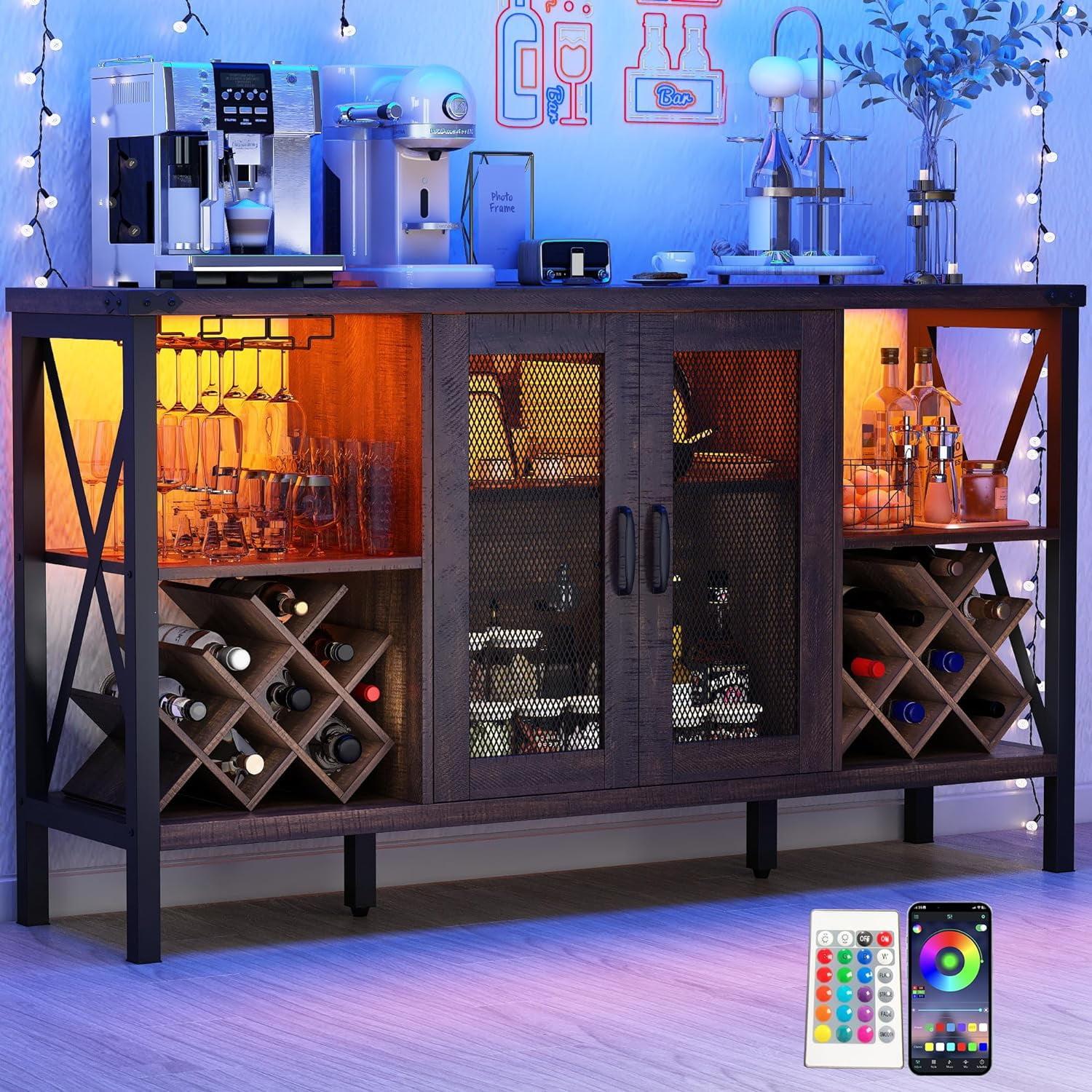 55" Industrial Coffee and Liquor Bar Cabinet with LED Lights and Storage