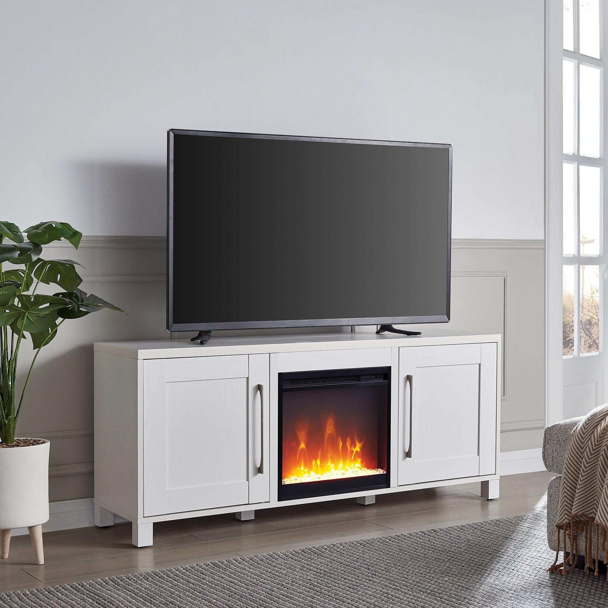 White MDF TV Stand with Electric Fireplace and Cabinets