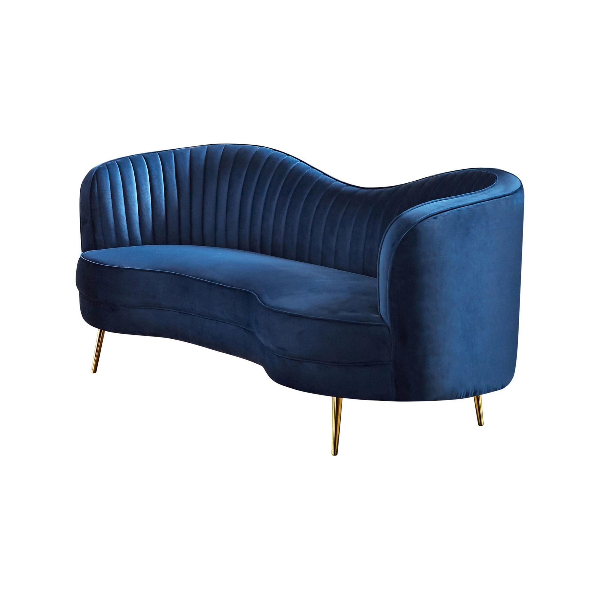 Chad 74" Navy Blue Velvet Curved Loveseat with Gold Legs