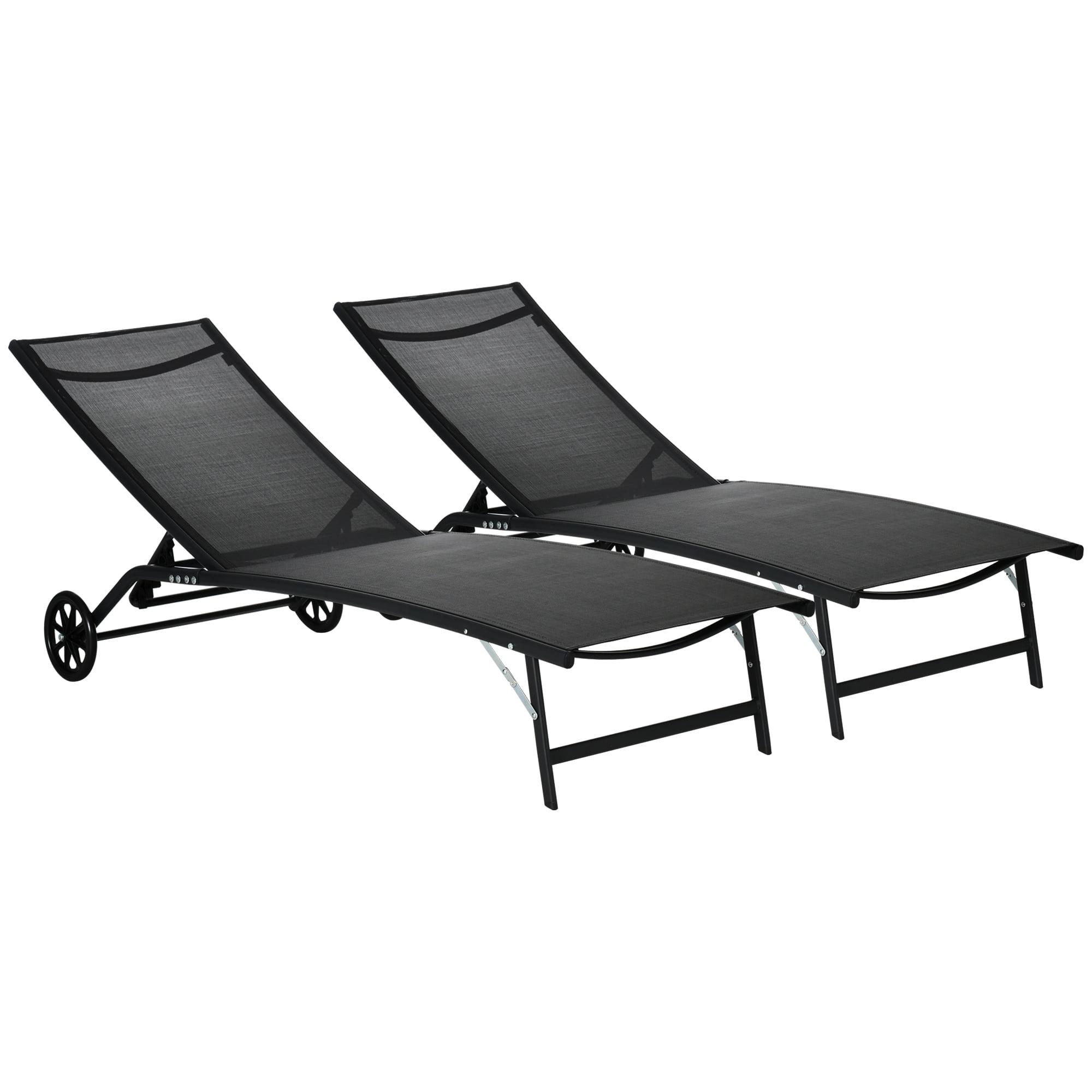 Black Steel Adjustable Outdoor Chaise Lounge Set with Wheels