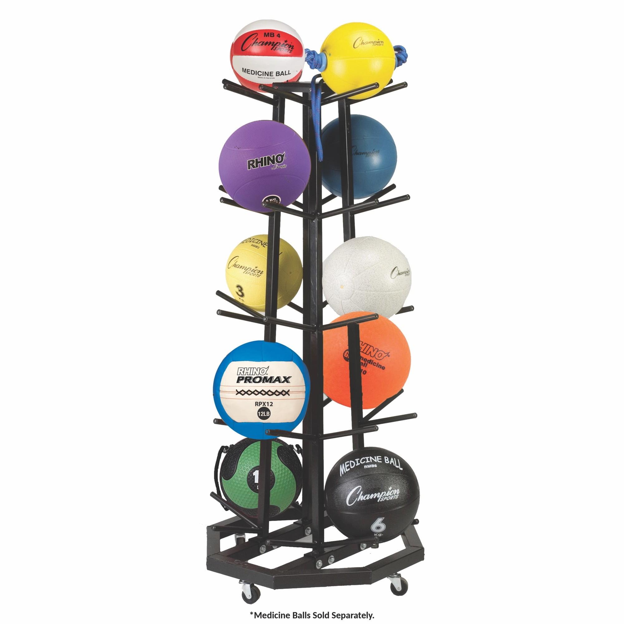 Heavy-Duty Black Steel Vertical Medicine Ball Rack with Casters