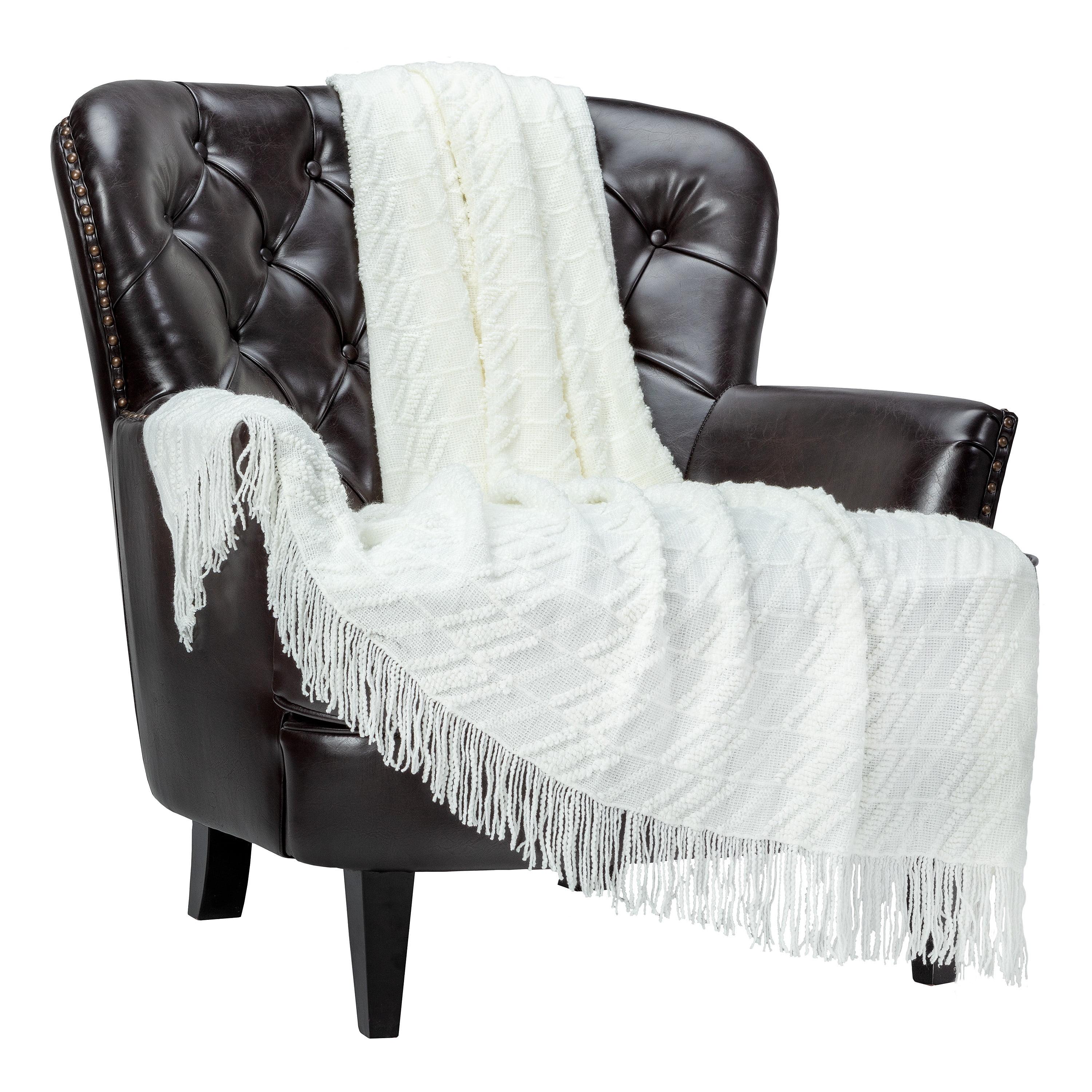 Chanasya Bevel Acrylic Knit Boho Throw Blanket With Tassels - (50x65 Inches) White Cloud