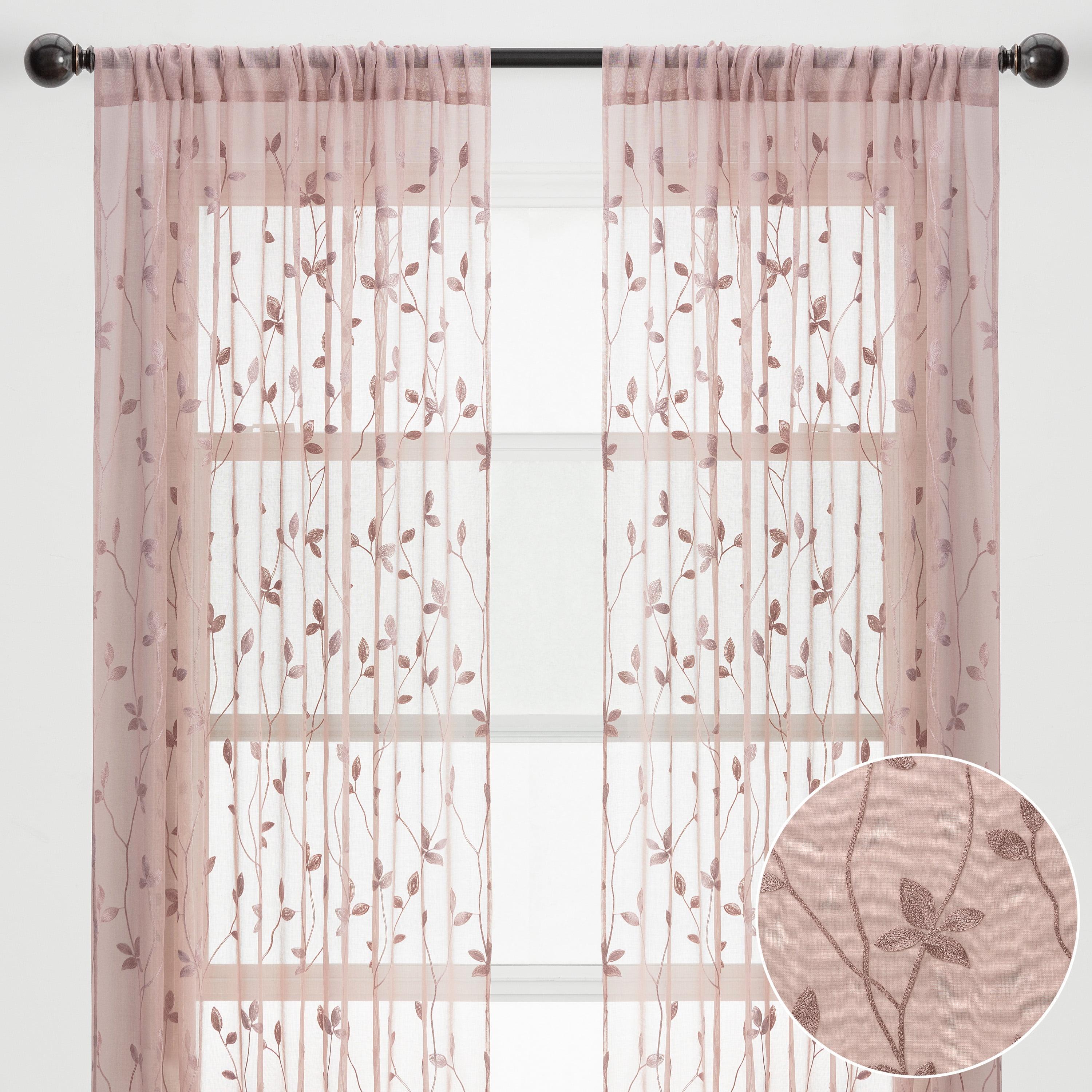 Chanasya 2pk Embroidered Vine Sheer Window Curtain Panels - Set of 2 - 52 x 63 Inches Long - Rose Dust