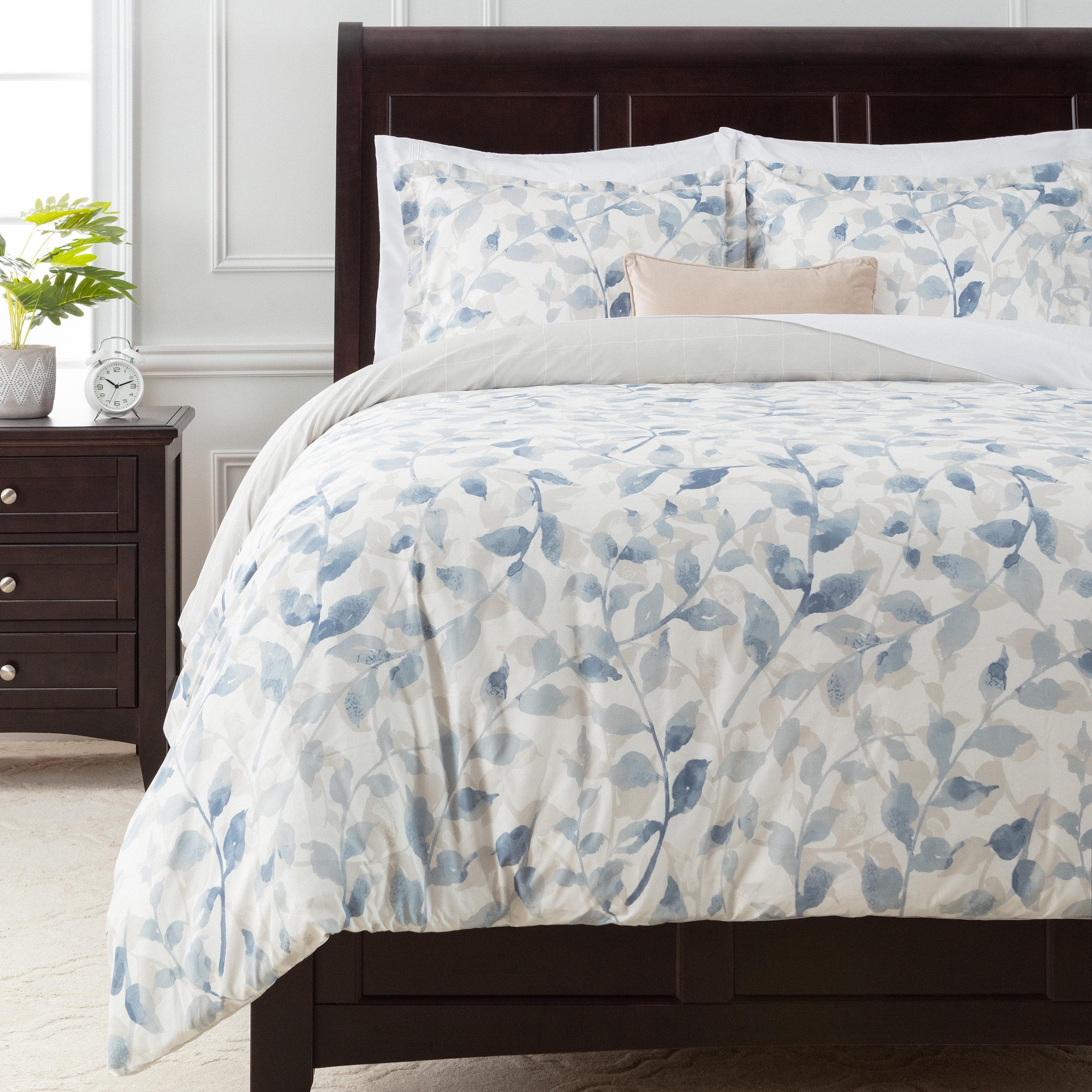 Blue Taupe Layered Leaf Microfiber Queen Duvet Cover Set