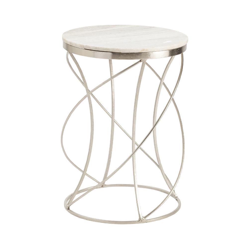 Round White Marble and Silver Metal Accent Table