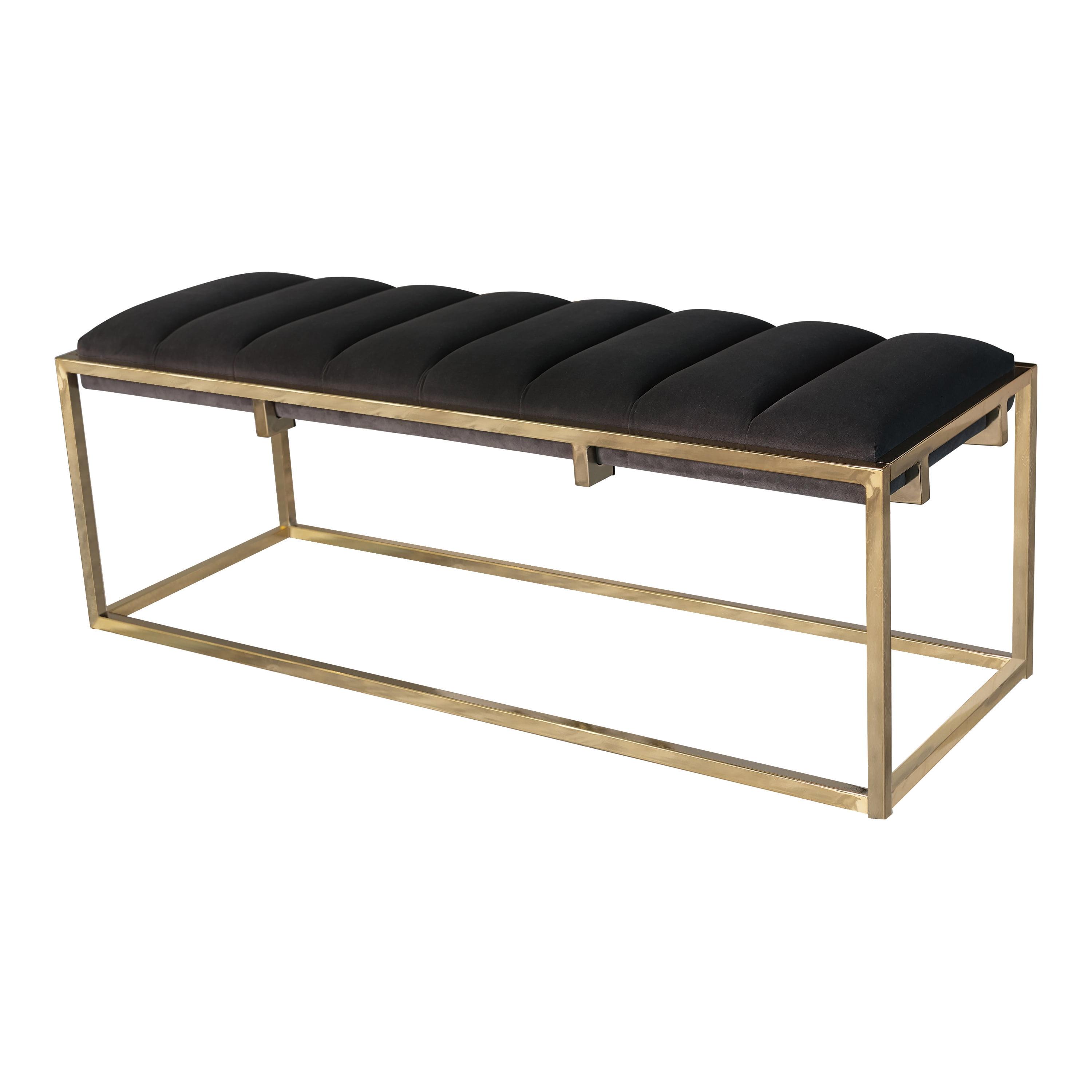 Elegant 48" Dark Grey Velvet and Gold Metal Bench