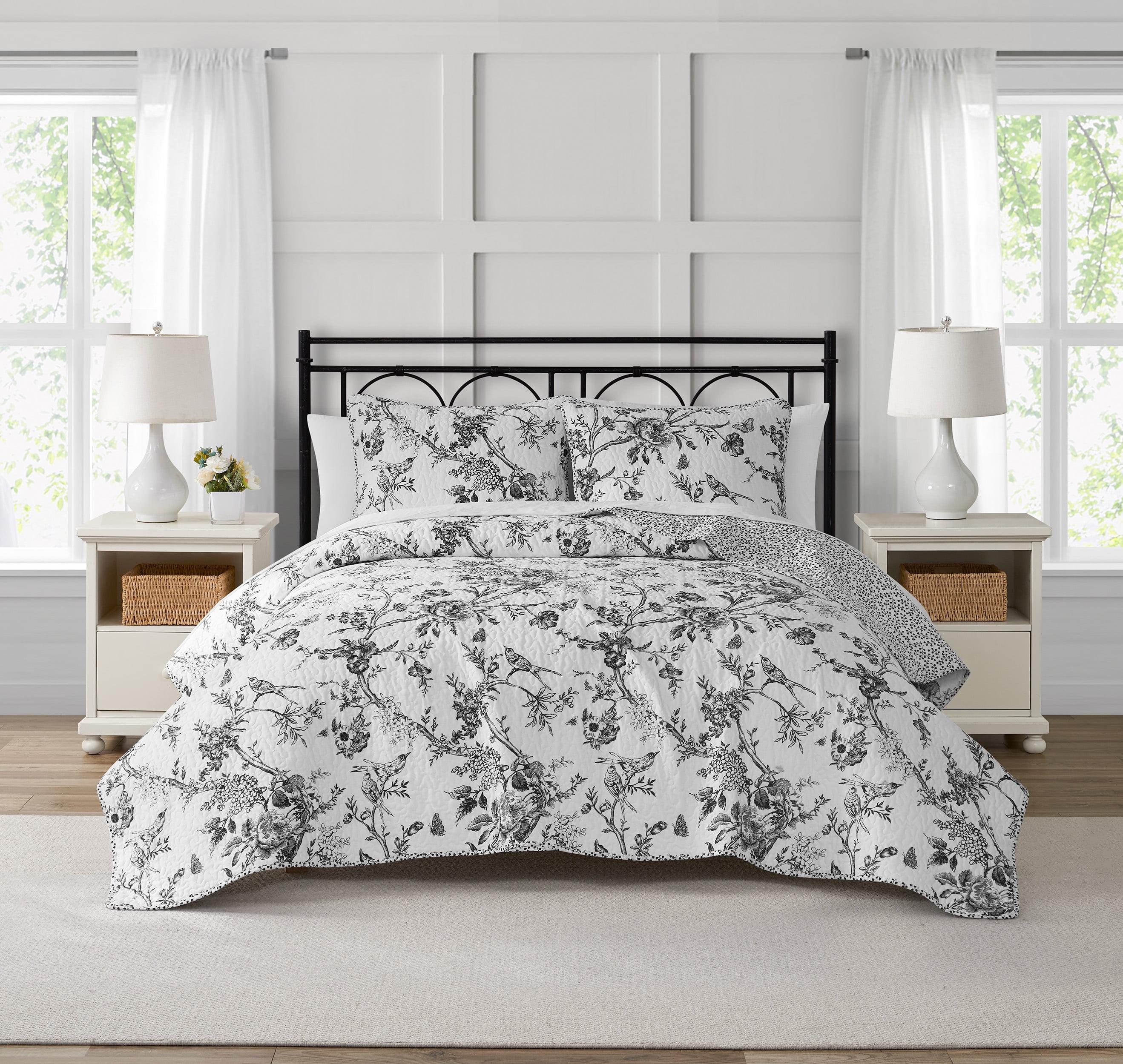 Chantilly Toile Floral Black 2-Piece All-Season Reversible Cotton Quilt Set - Twin