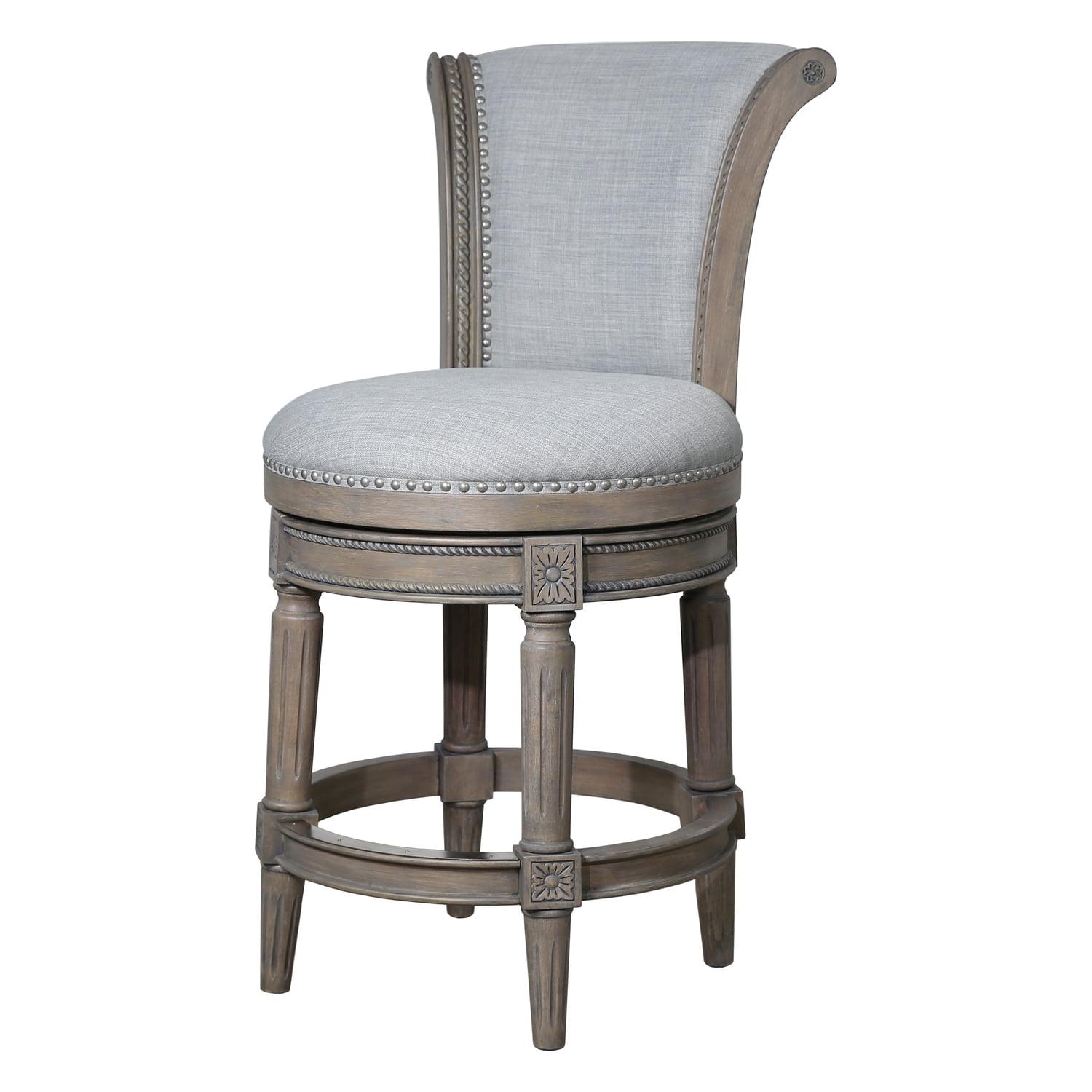 Weathered Gray Wood Swivel Counter-Height Barstool with Linen Upholstery