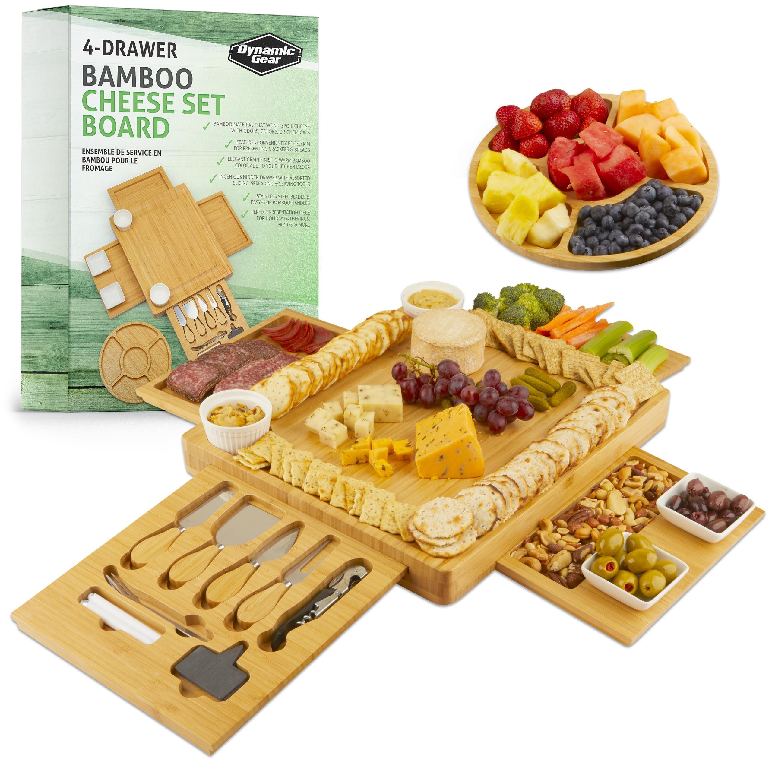 Dynamic Gear with Expandable Bamboo Cheese Board & Stainless Steel Serving Utensils,Brown