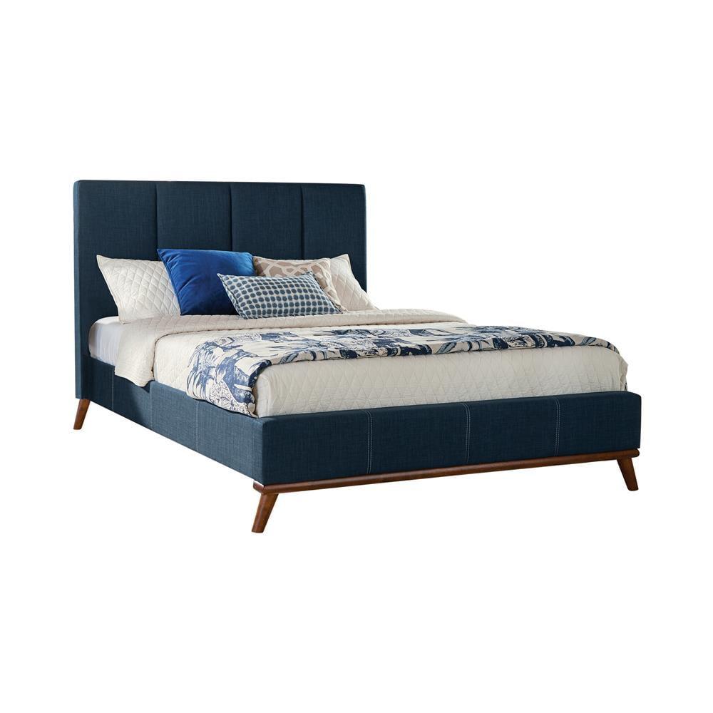 King Blue Upholstered Platform Bed with Tufted Headboard