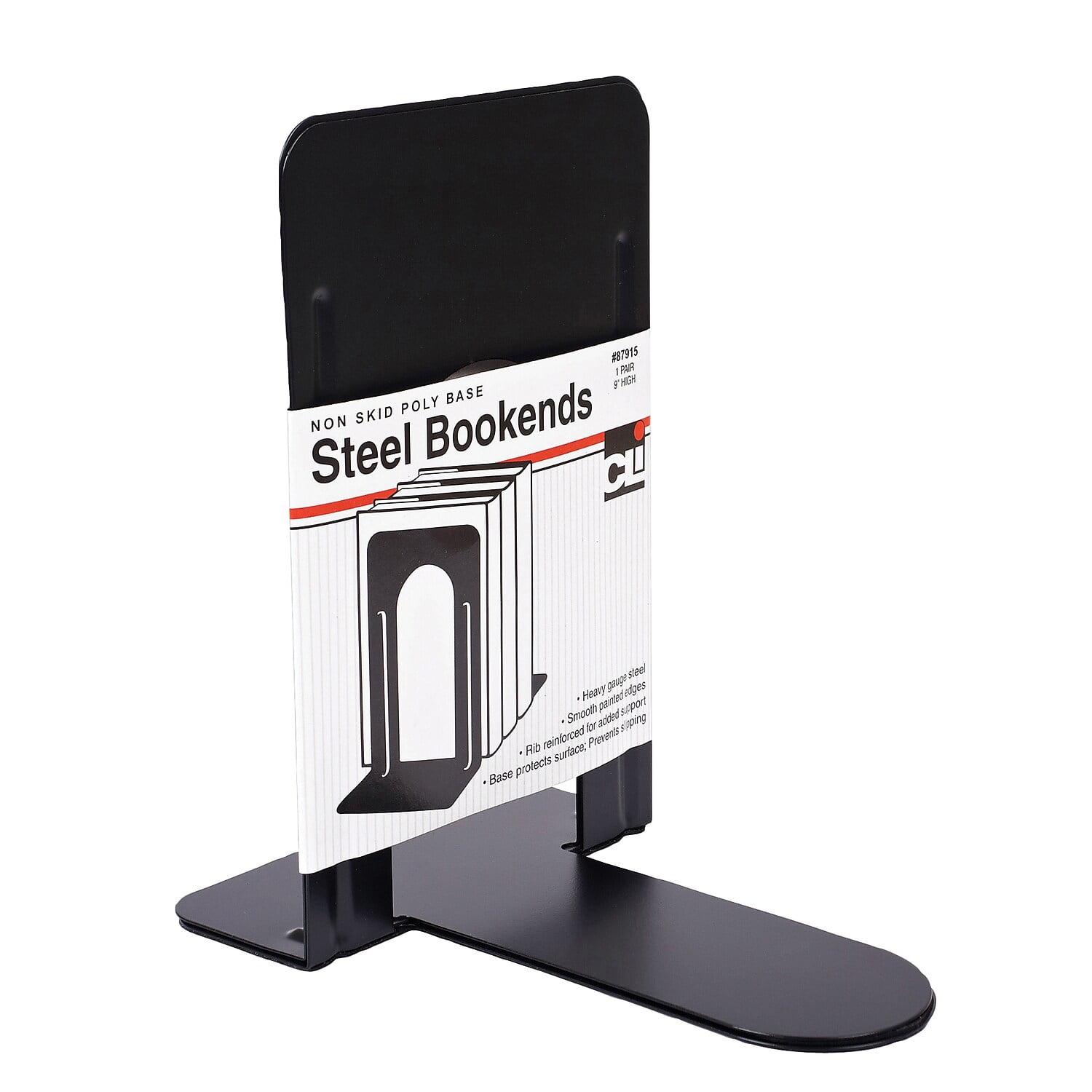 Sleek 9" Black Steel Non-Skid Bookends Set