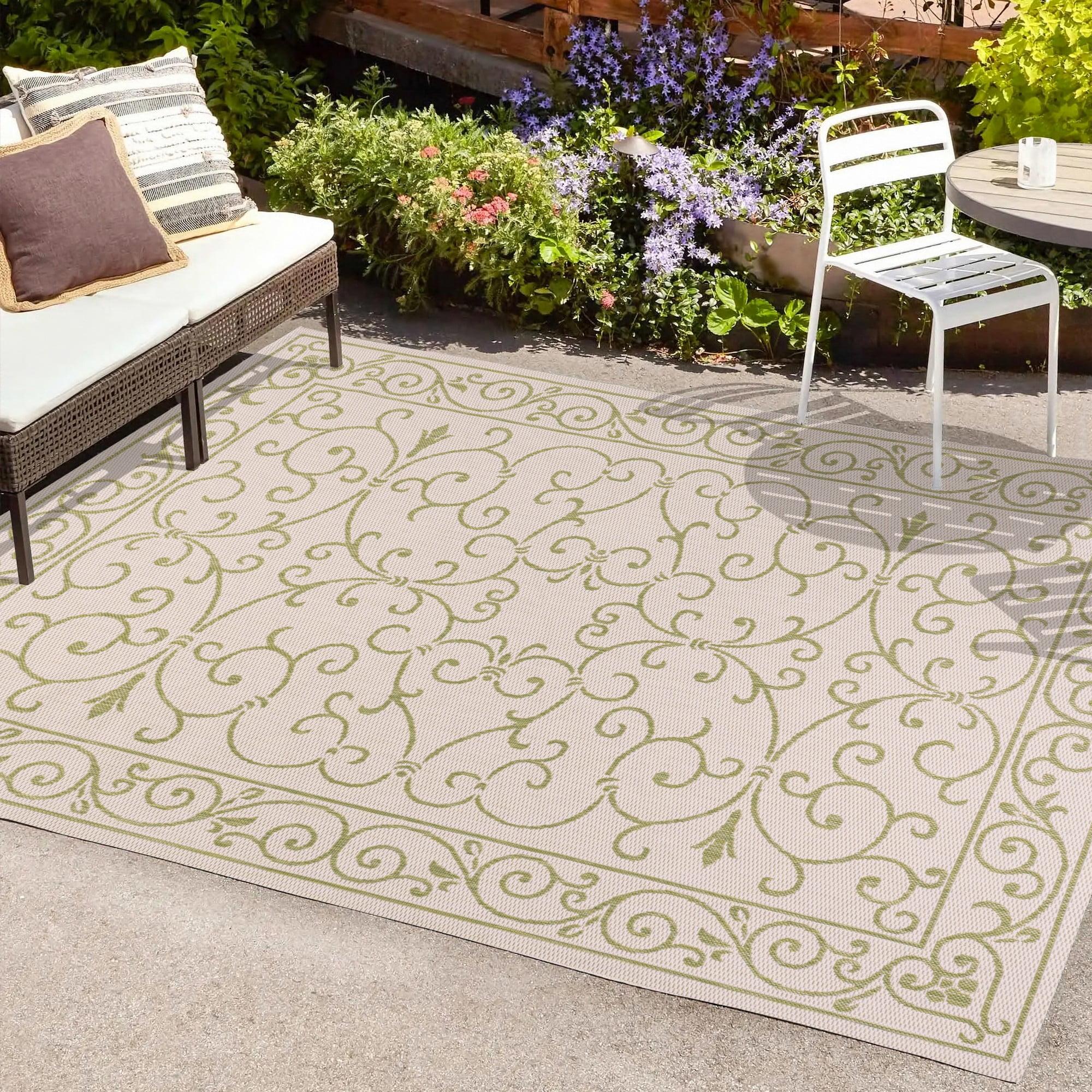 9' x 12' Charleston Vintage Filigree Textured Weave Indoor/Outdoor Area Rug, Cream/Green - JONATHAN Y