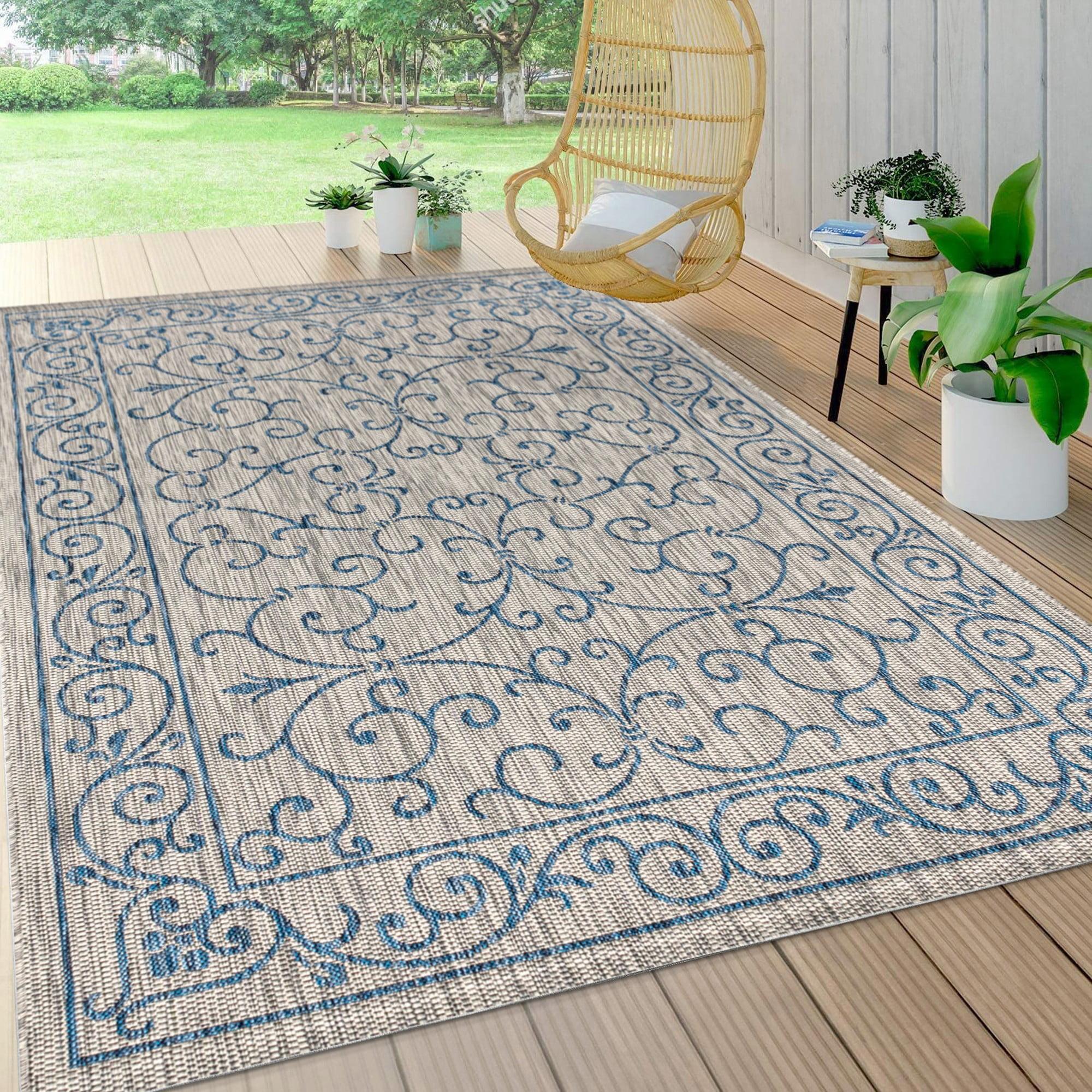 9' X 12' Charleston Vintage Filigree Textured Weave Indoor/Outdoor Area Rug, Gray/Navy - JONATHAN Y