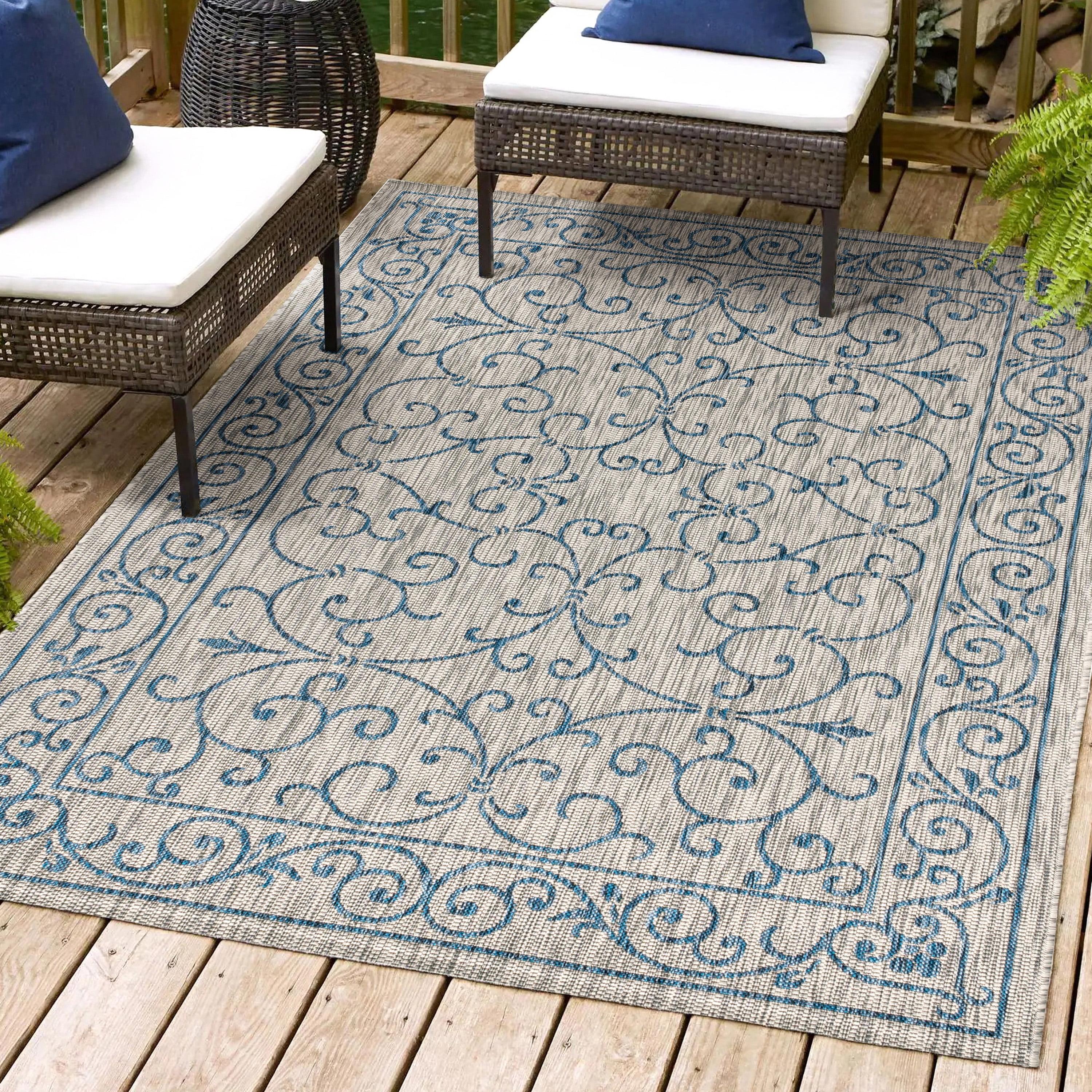 9' X 12' Charleston Vintage Filigree Textured Weave Indoor/Outdoor Area Rug, Gray/Navy - JONATHAN Y