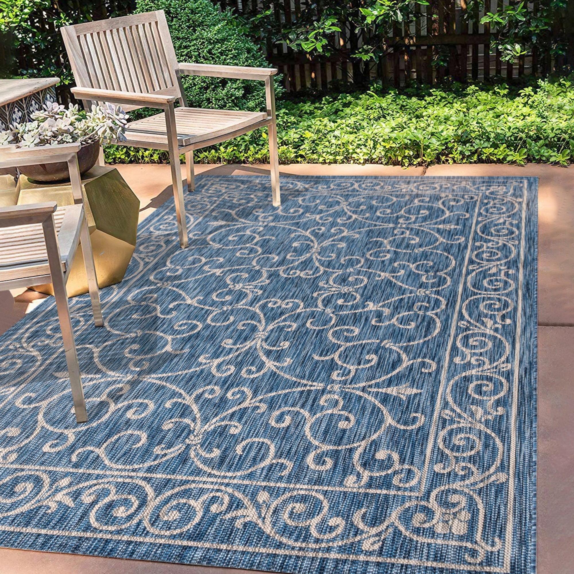 9' X 12' Charleston Vintage Filigree Textured Weave Indoor/Outdoor Area Rug, Navy/Gray - JONATHAN Y