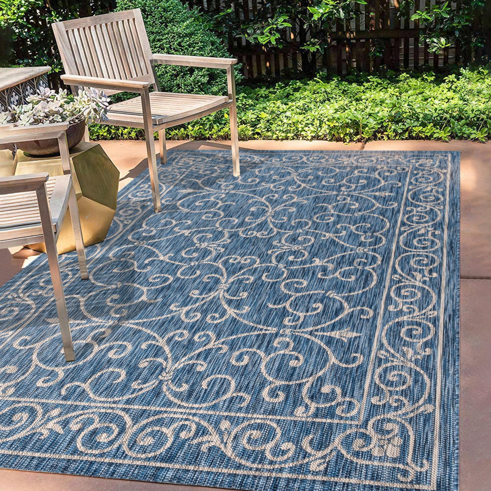 9' X 12' Charleston Vintage Filigree Textured Weave Indoor/Outdoor Area Rug, Navy/Gray - JONATHAN Y
