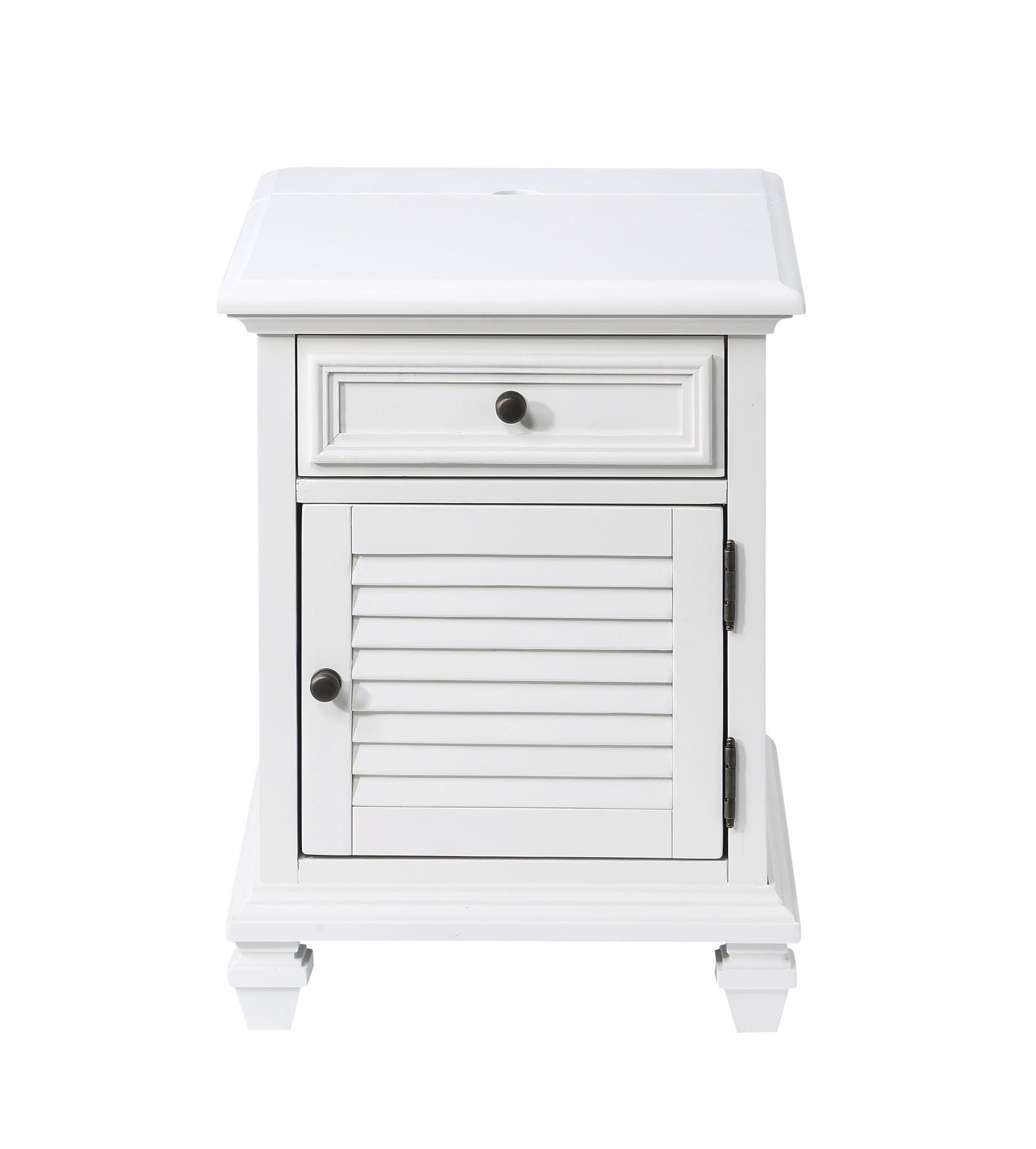 White Rectangular Wood Storage End Table with USB Ports