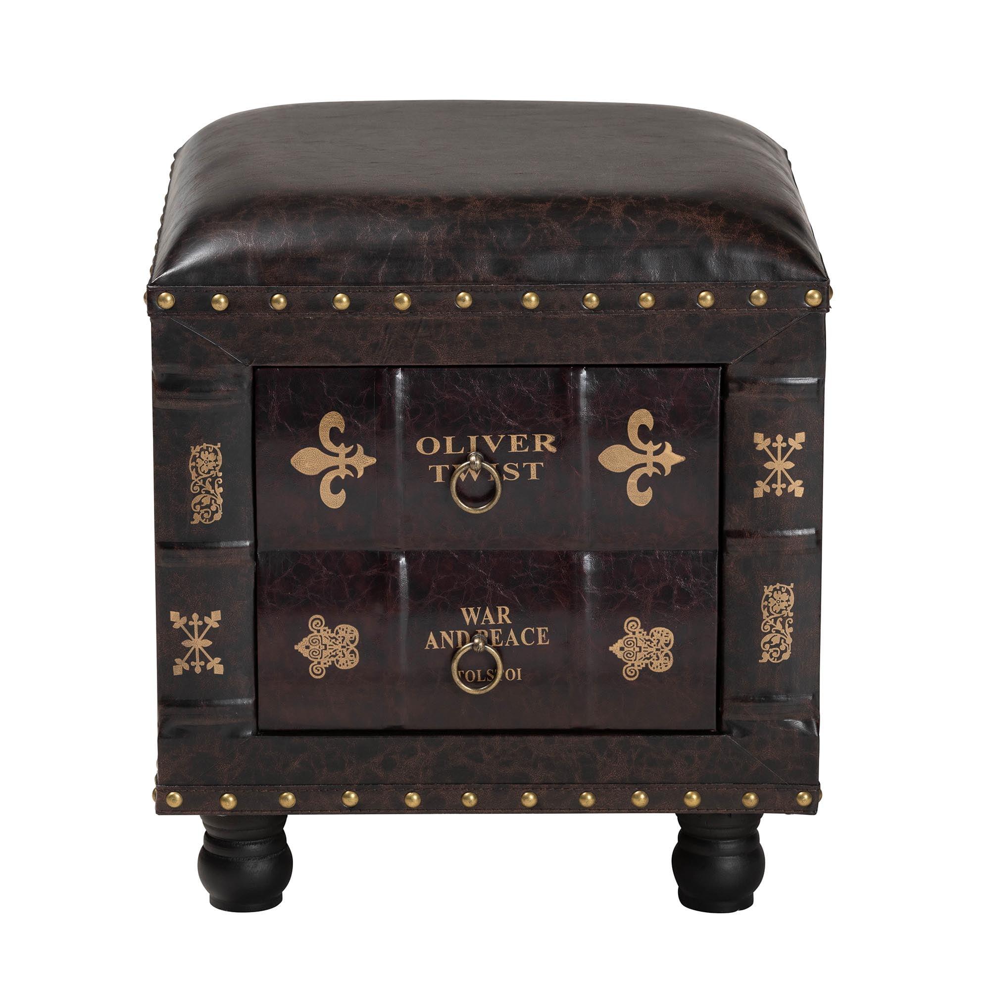 Charlier Rustic Dark Brown Faux Leather Storage Ottoman with Book Spine Drawer