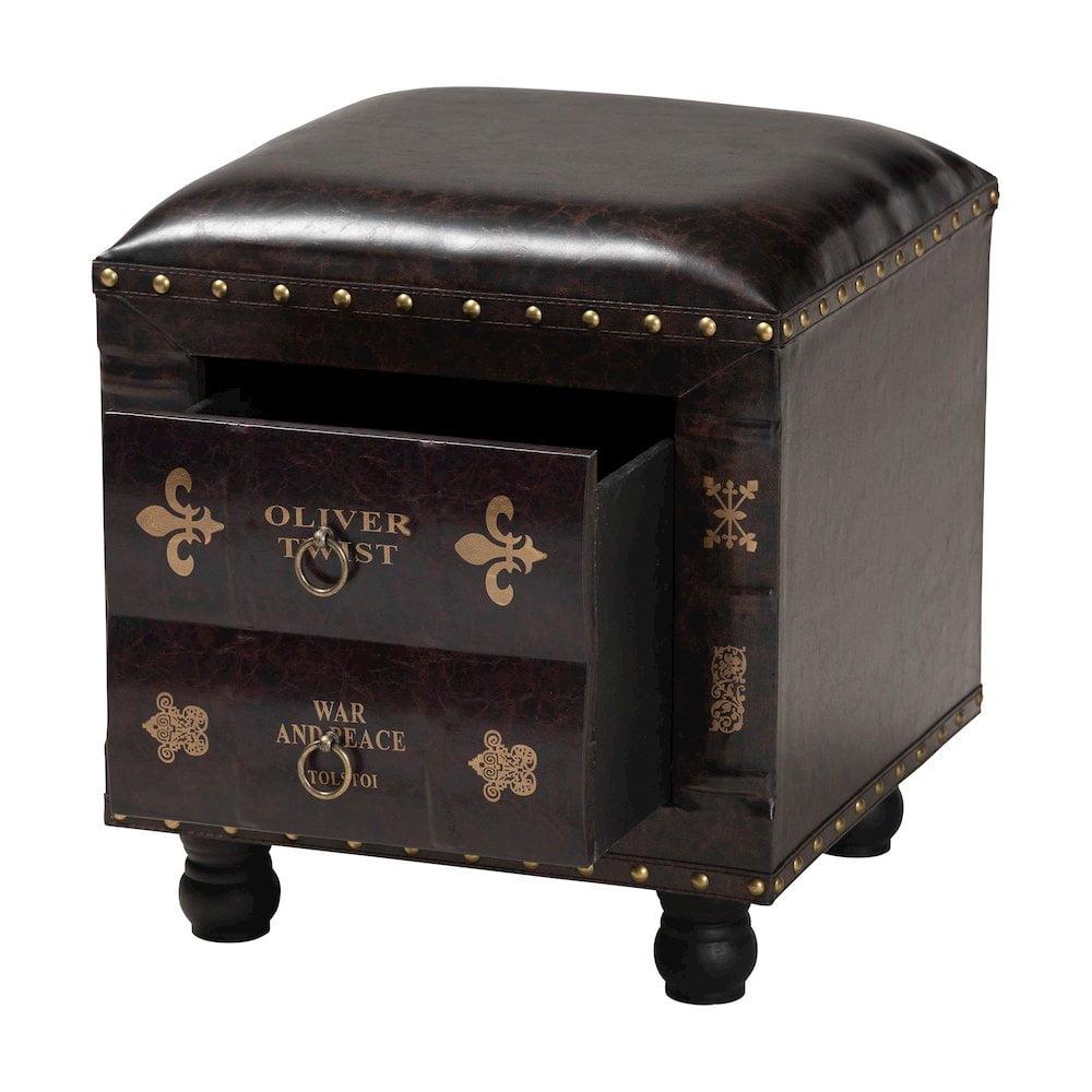 Charlier Faux Leather Wood Storage Ottoman with Book Spine Drawer Brown - Baxton Studio: Antique Look, Nailhead Detail, No Assembly Required