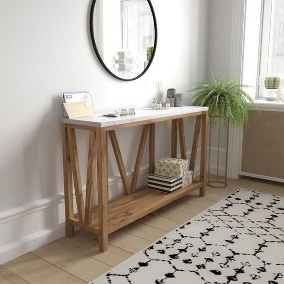 Flash Furniture Farmhouse Style Rustic Entryway Console Table - Warm Oak/Marble Finish Top