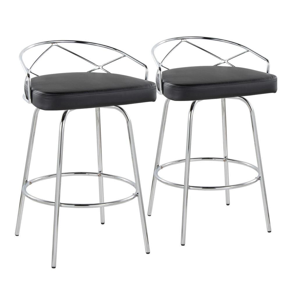 Charlotte 26" Black Faux Leather Swivel Counter Stools with Chrome Metal Frame, Set of 2