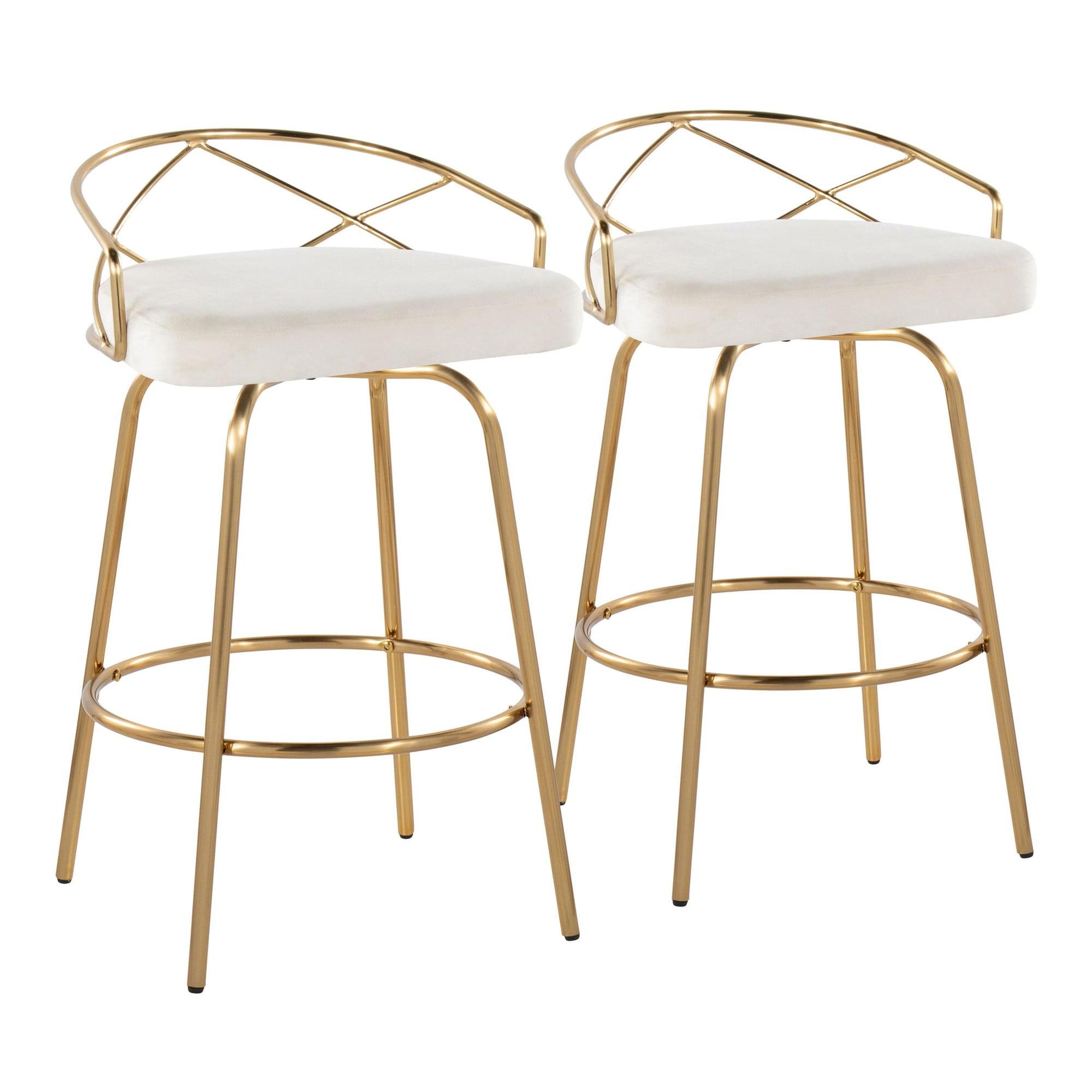 Charlotte Glam 26" Glam/Art Deco Fixed-Height Counter Stool with Swivel in Gold Metal and Cream Velvet with Round Footrest by LumiSource - Set of 2