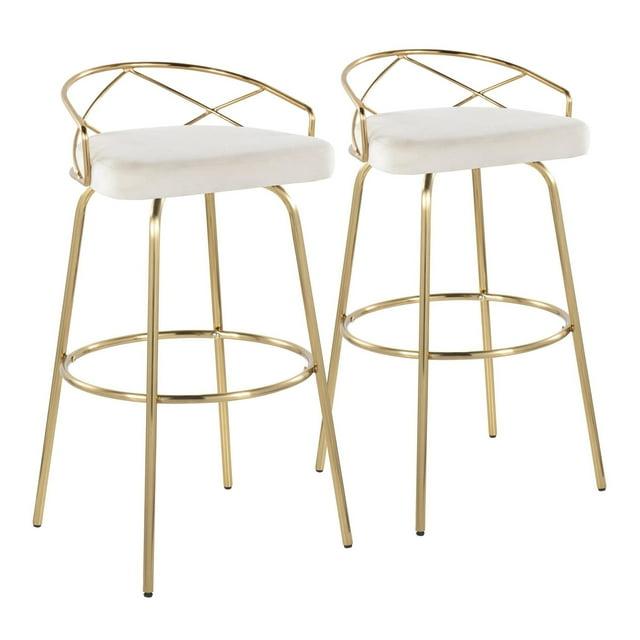 Set of 2 Charlotte Barstools Gold/Cream - LumiSource: Velvet Upholstery, Metal Base, Swivel Seat, Footrest