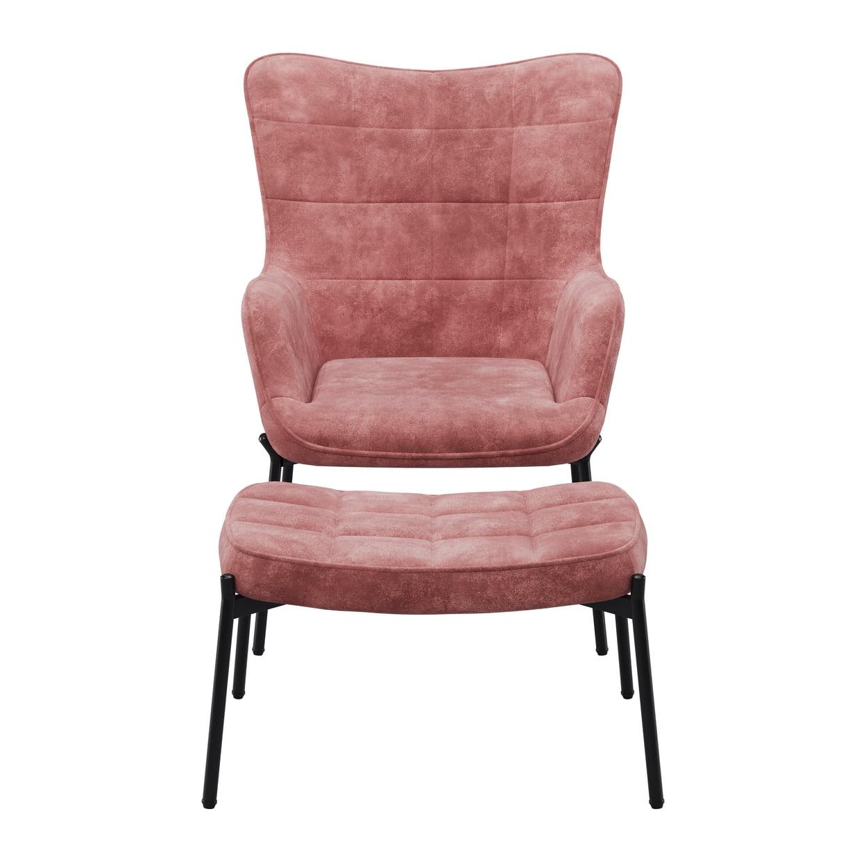 Charlotte Salmon Pink Velvet Fabric Wingback Accent Chair with Foot Stool