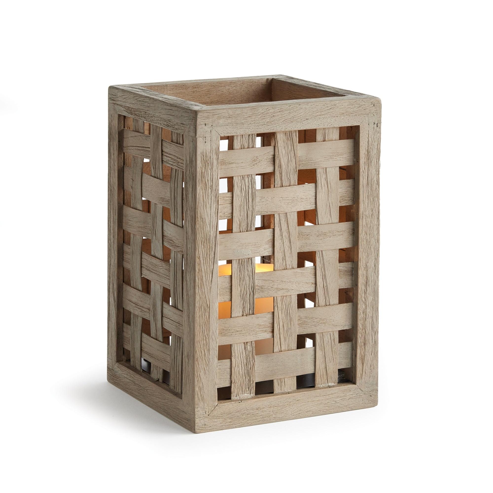 Gray Washed Teak Wood Handwoven Hurricane Lantern