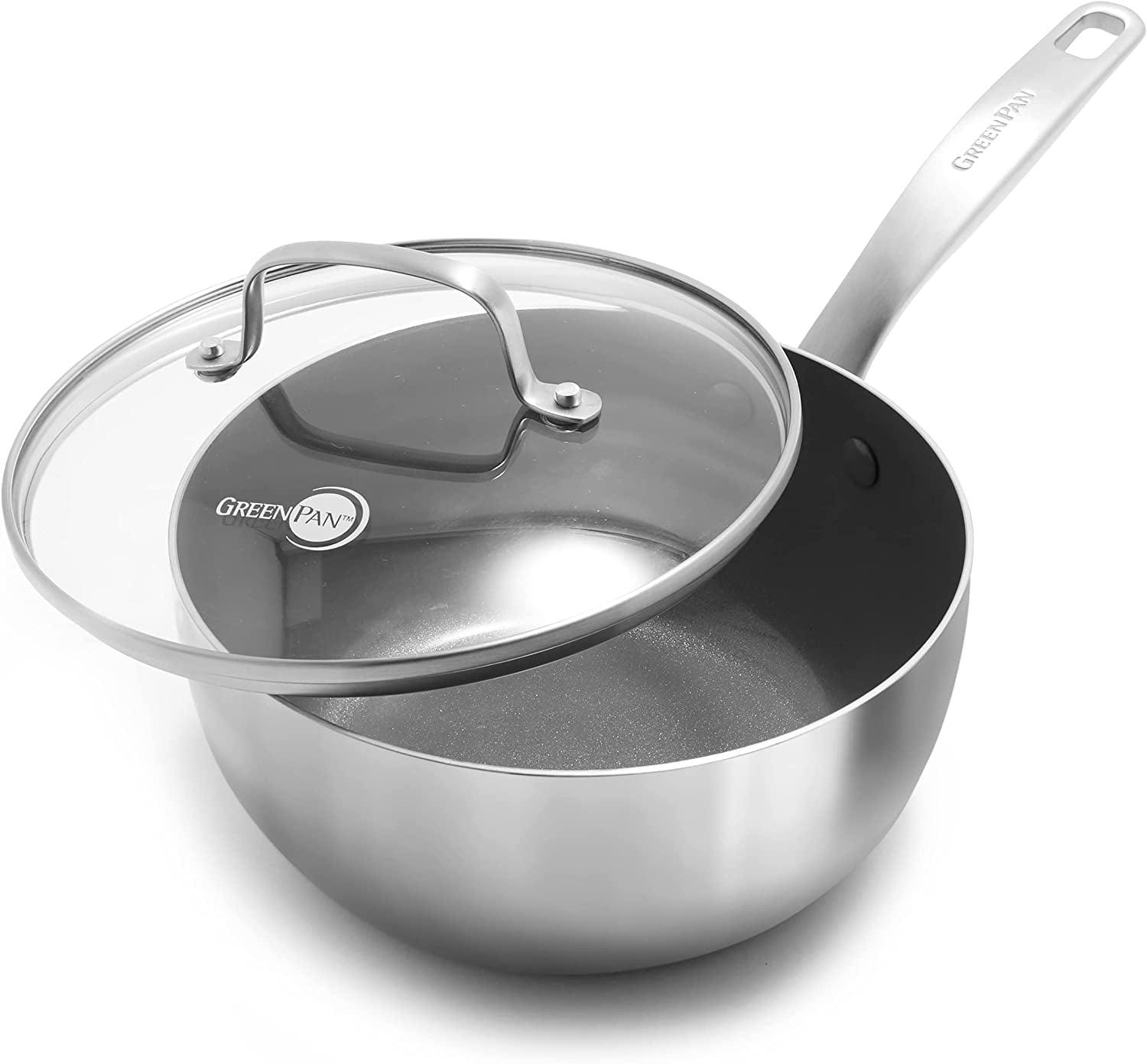 2.5-Quart Silver Stainless Steel Ceramic Nonstick Saucepan with Lid