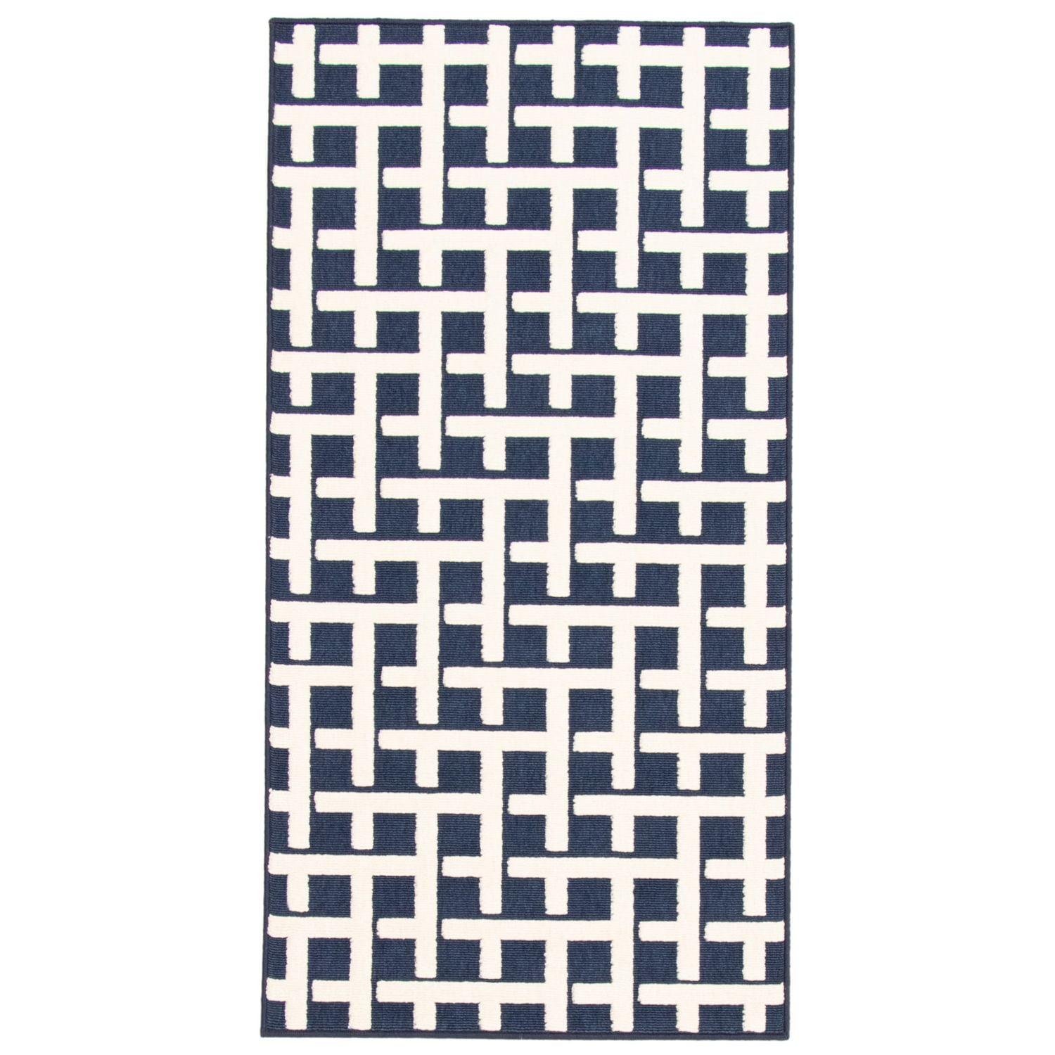 Blue and White Geometric Rectangular Outdoor Rug 2.5' x 5'