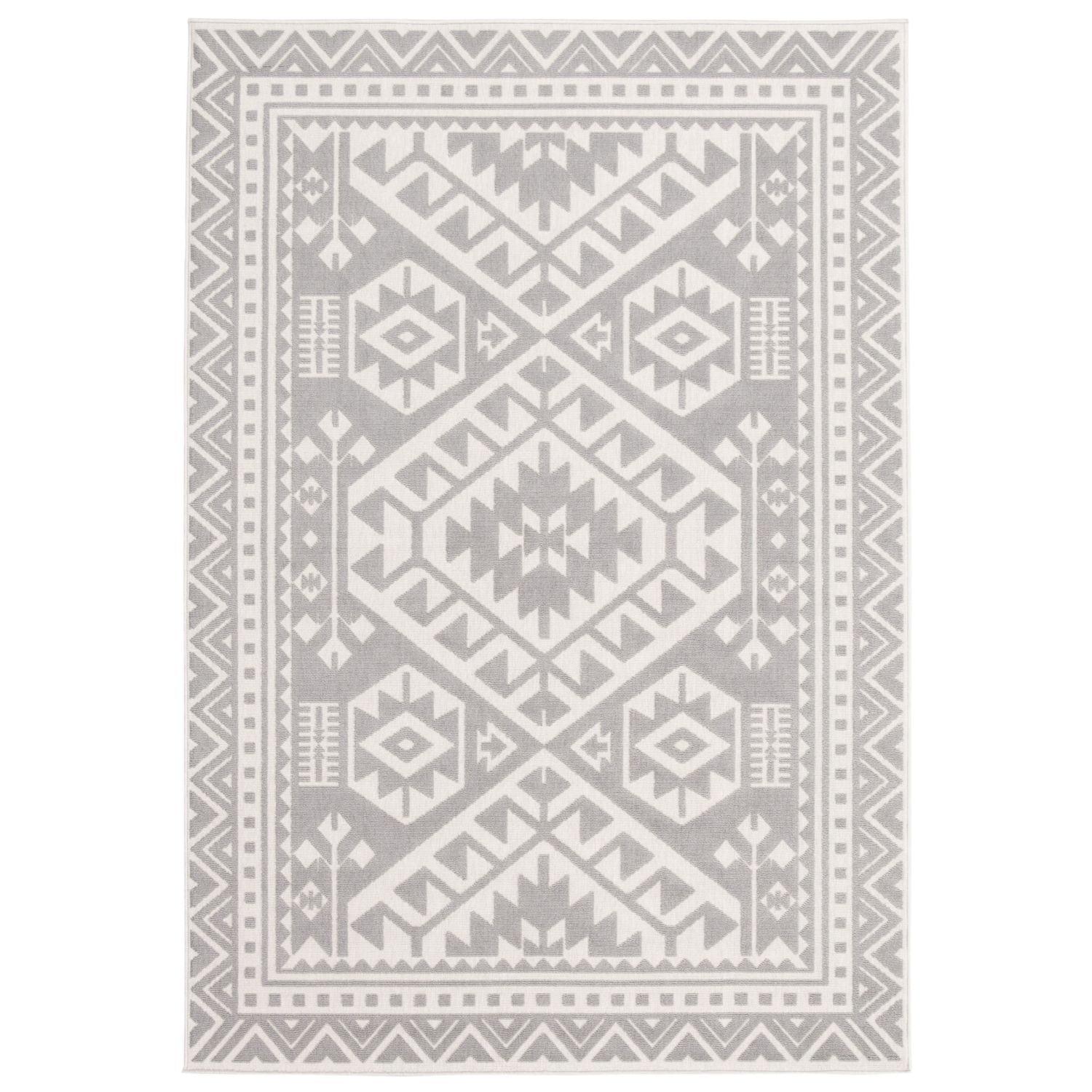 Geometric Gray and Cream 4.5' x 6.5' Synthetic Outdoor Rug