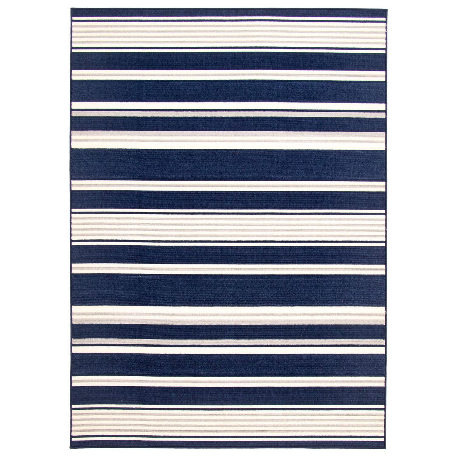 Navy Blue and White Striped Synthetic Outdoor Area Rug 4.5' x 6.5'