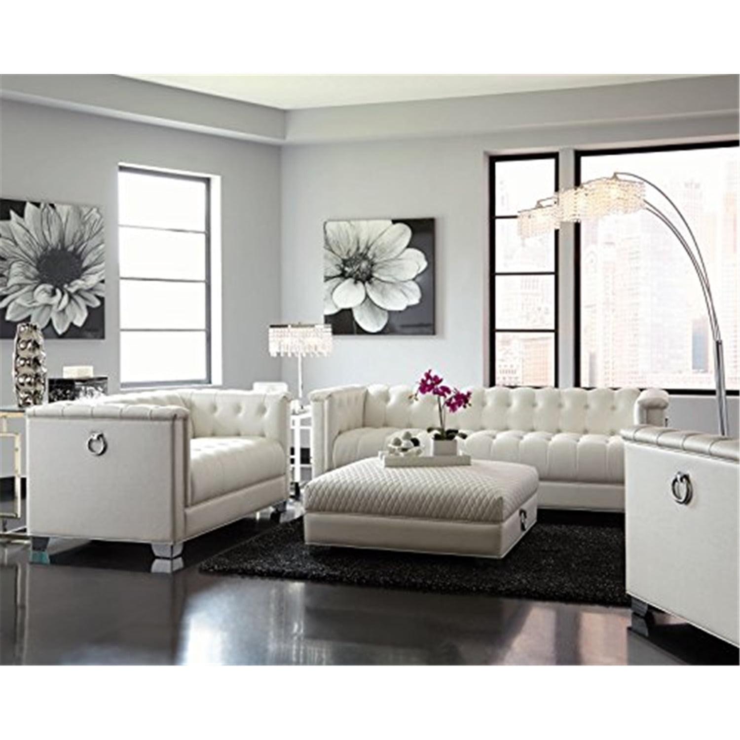 Pearl White Faux Leather Tufted Sofa and Loveseat Set with Chrome Legs