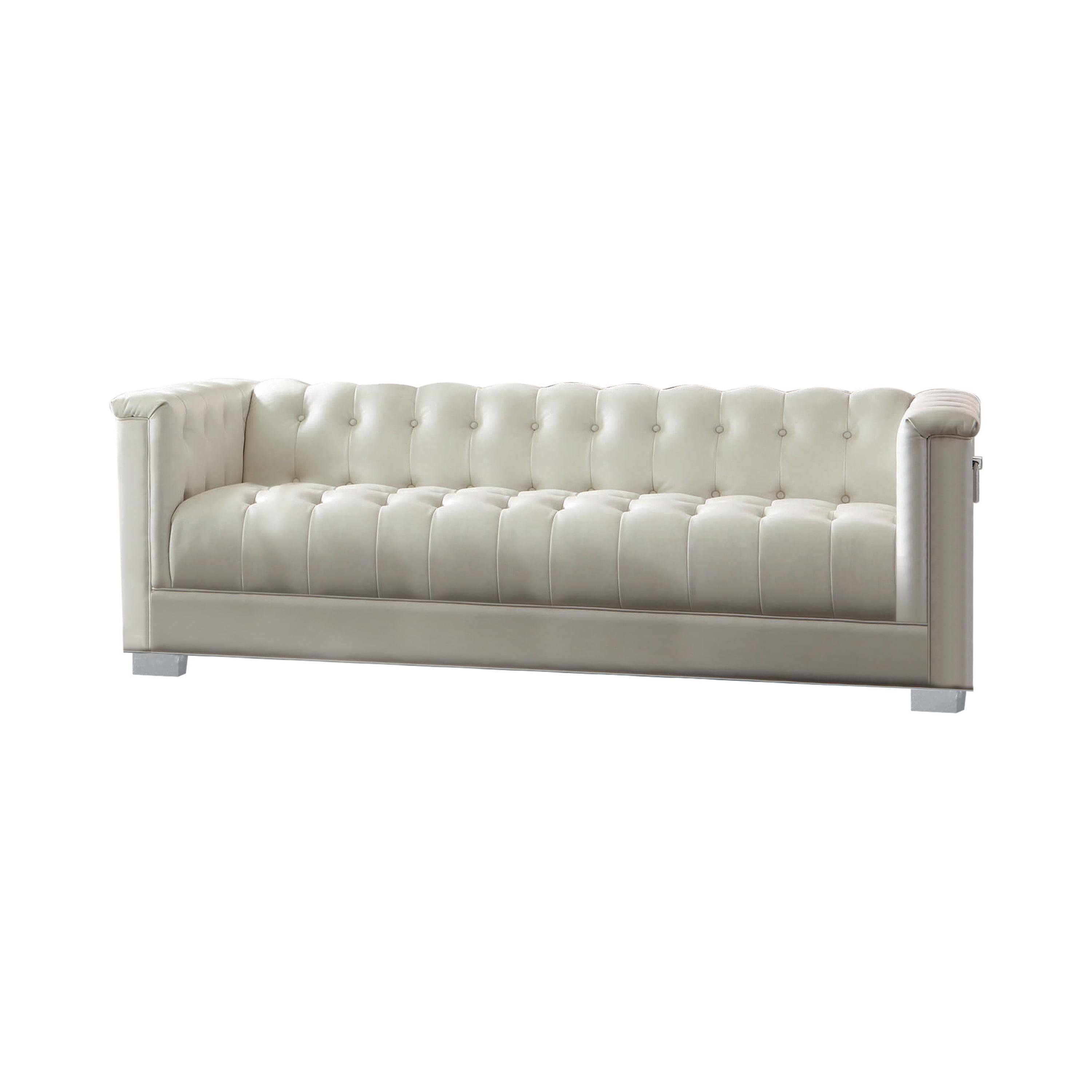 Contemporary Chaviano Pearl White Tufted Faux Leather Sofa with Chrome Accents