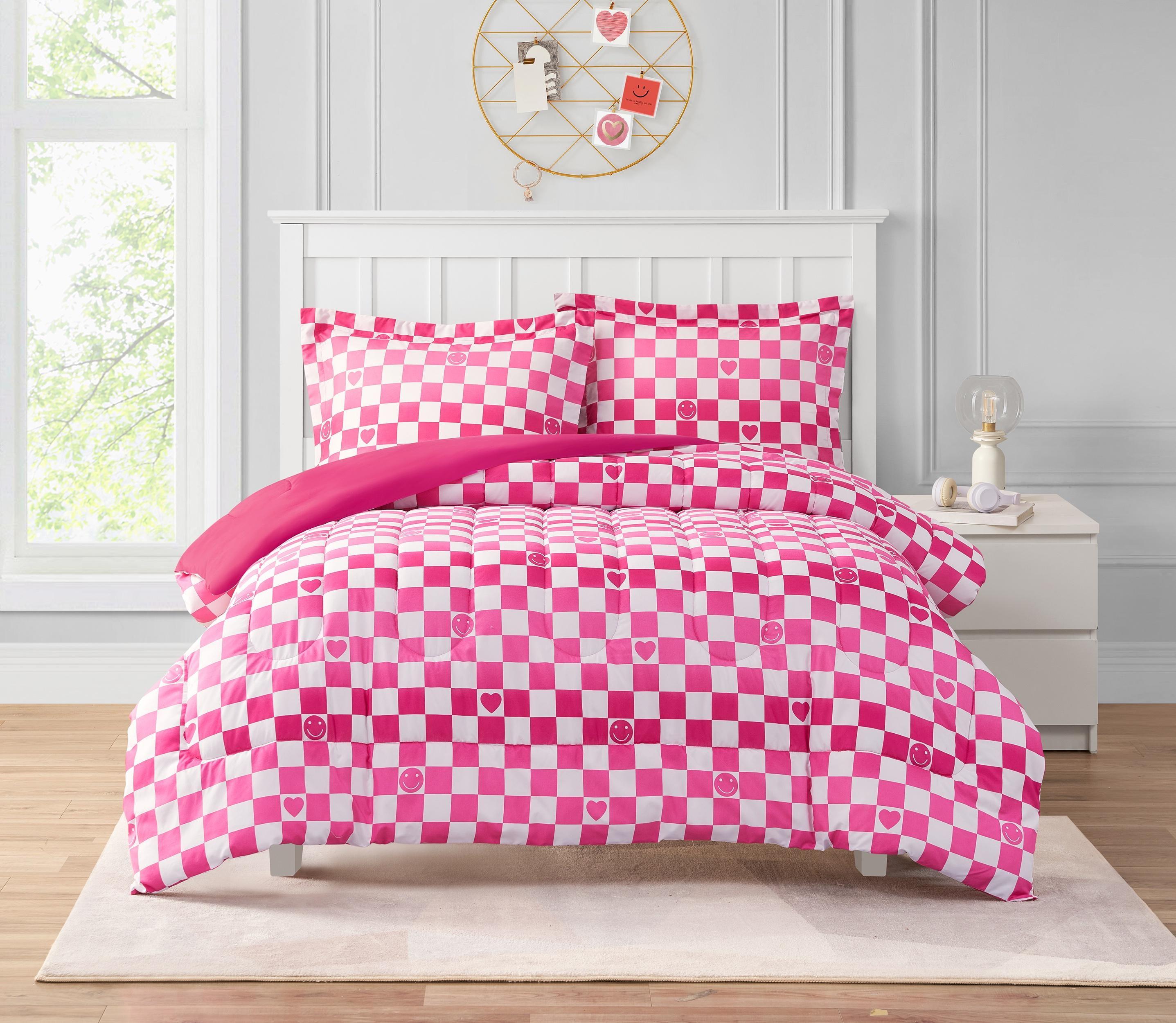 ALEX + BELLA Checkerboard Hearts Hot Pink Ultra Soft Microfiber Comforter Set