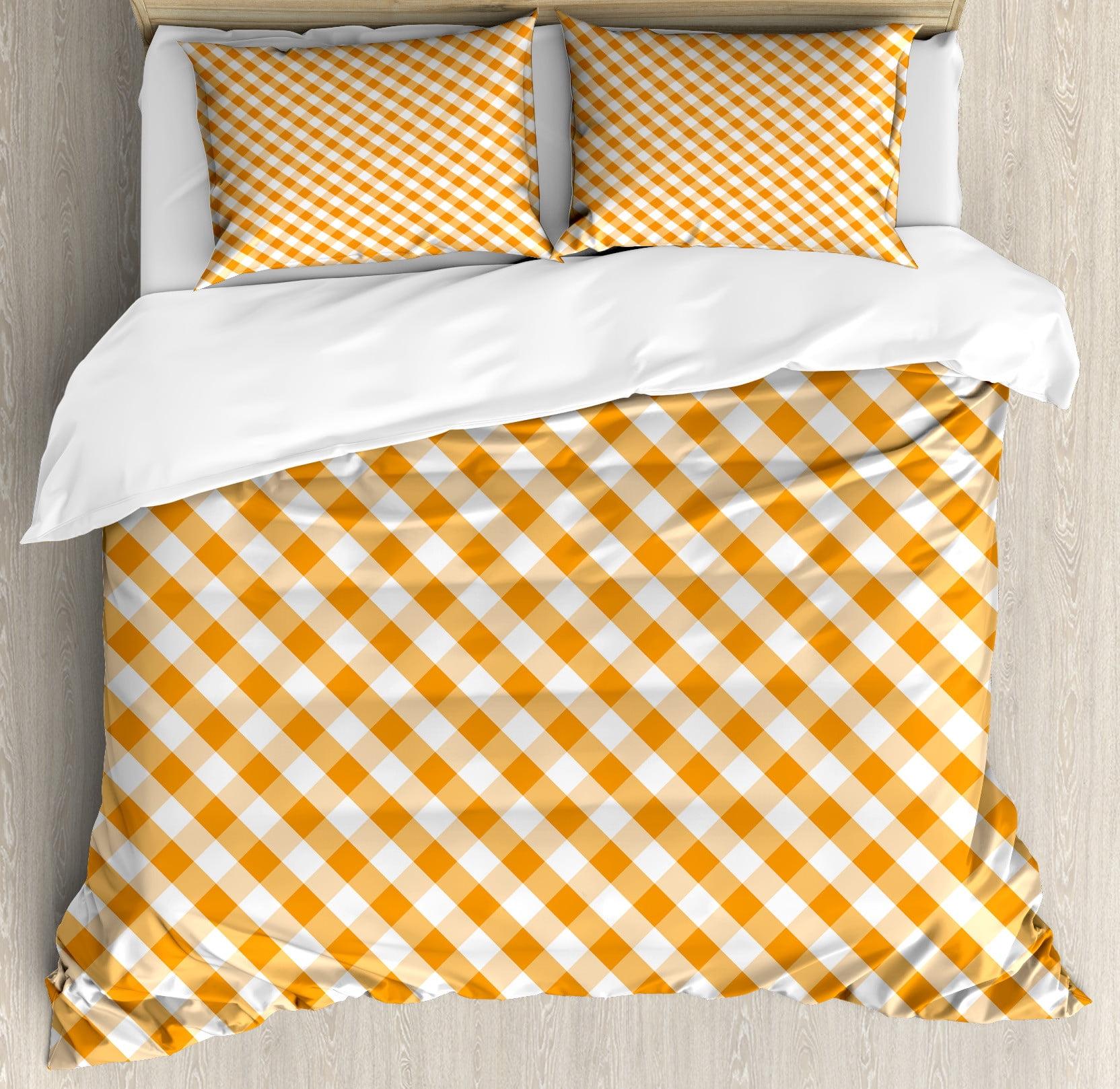 Orange and White Gingham Checkered Queen Duvet Cover Set