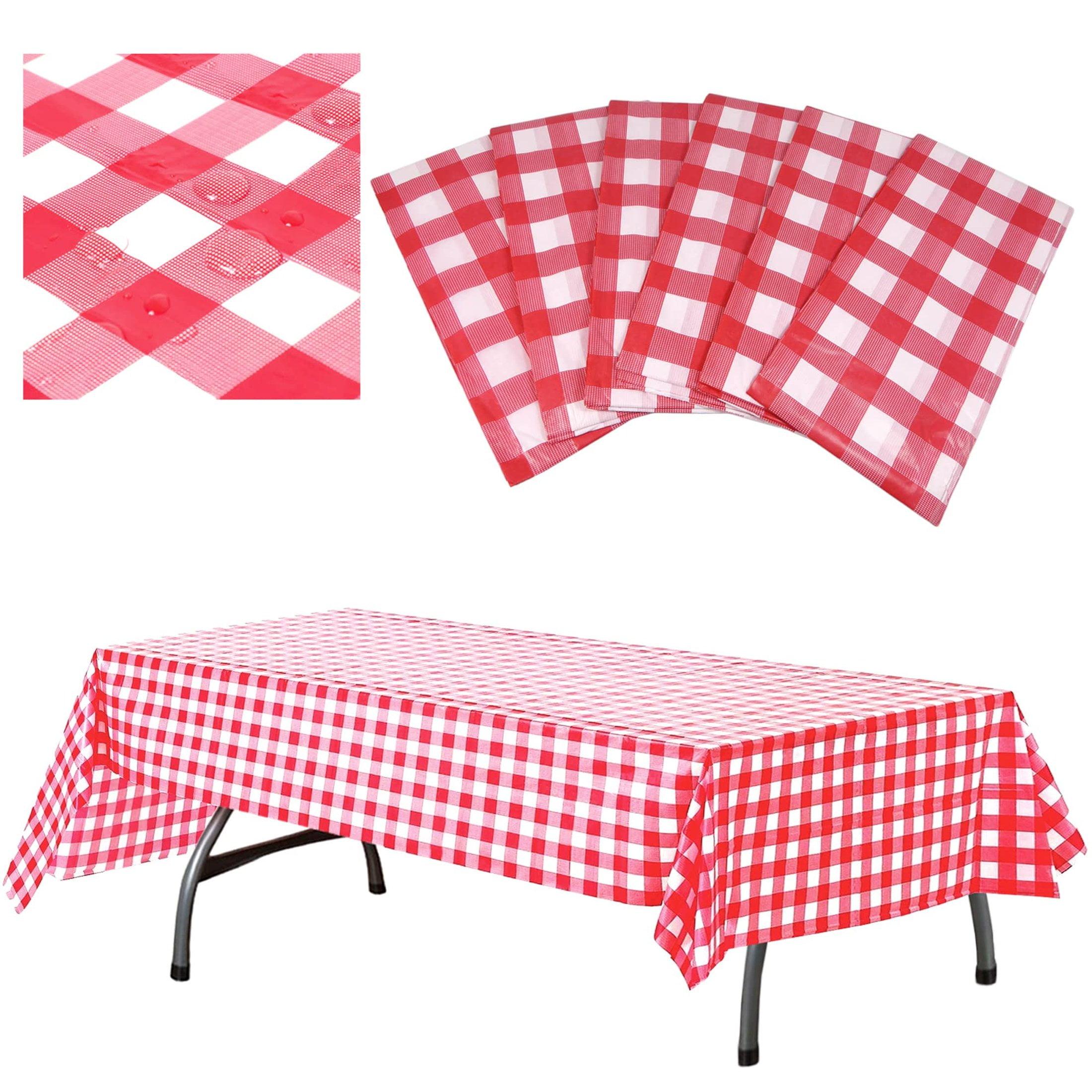 Red and White Rectangular Plastic Checkered Tablecloth Set