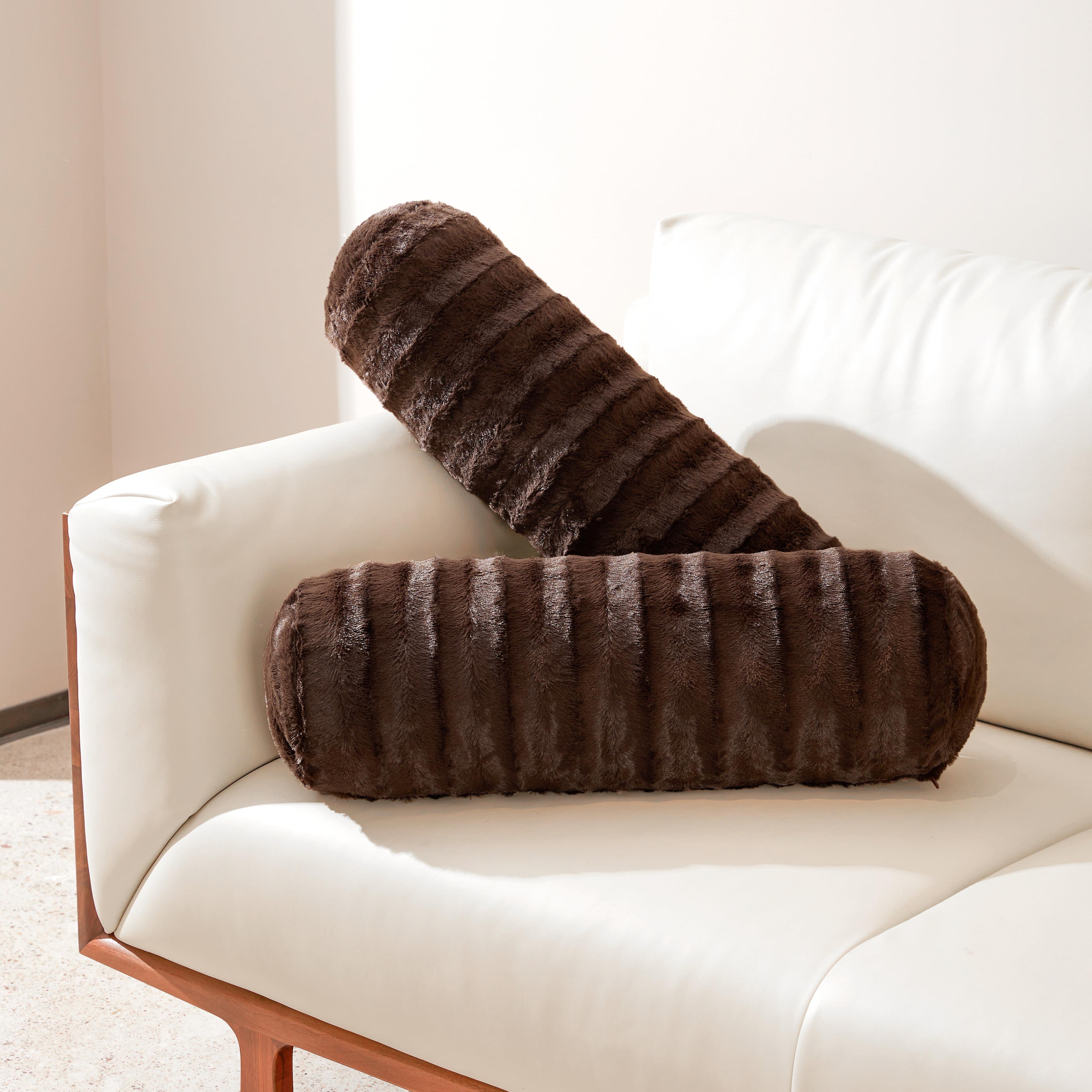 Brown Faux Fur Bolster Pillow Set for Lumbar Support