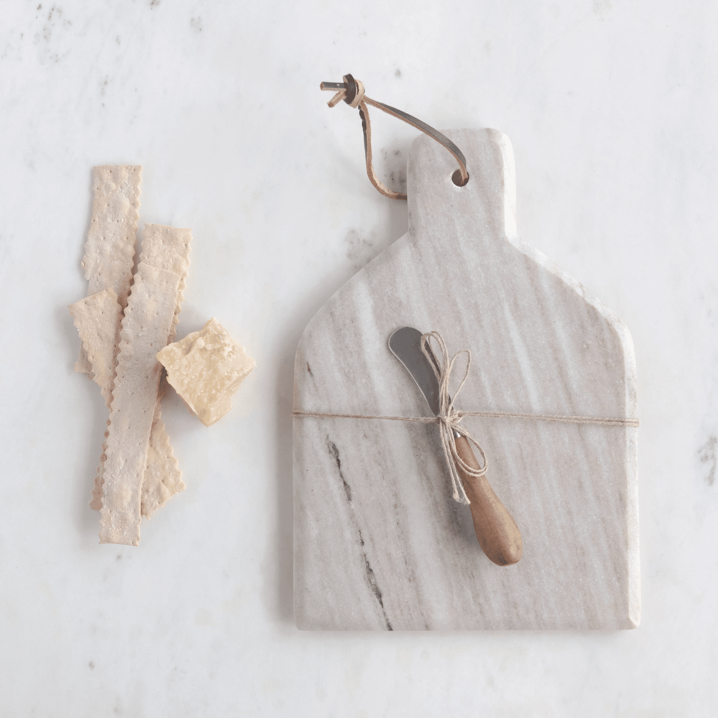 Creative Co-Op Marble Cheese and Cutting Board with Handle, Leather Tie and Canape Knife, Buff