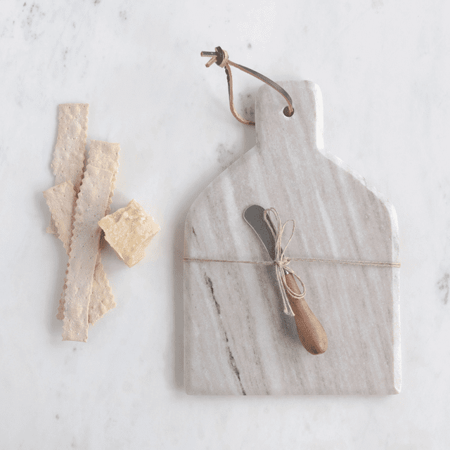 Creative Co-Op Marble Cheese and Cutting Board with Handle, Leather Tie and Canape Knife, Buff