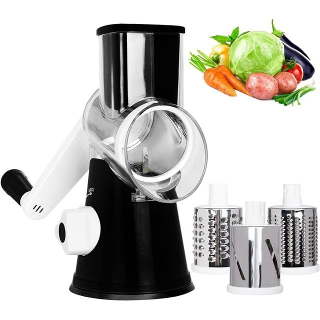 X Home 3 in 1 Cheese Grater Rotary, Cheese Shredder Grater for Kitchen Grater Slicer with 3 Replacement Blades, Potato Slicer Vegetable Chopper with Suction Base, Black