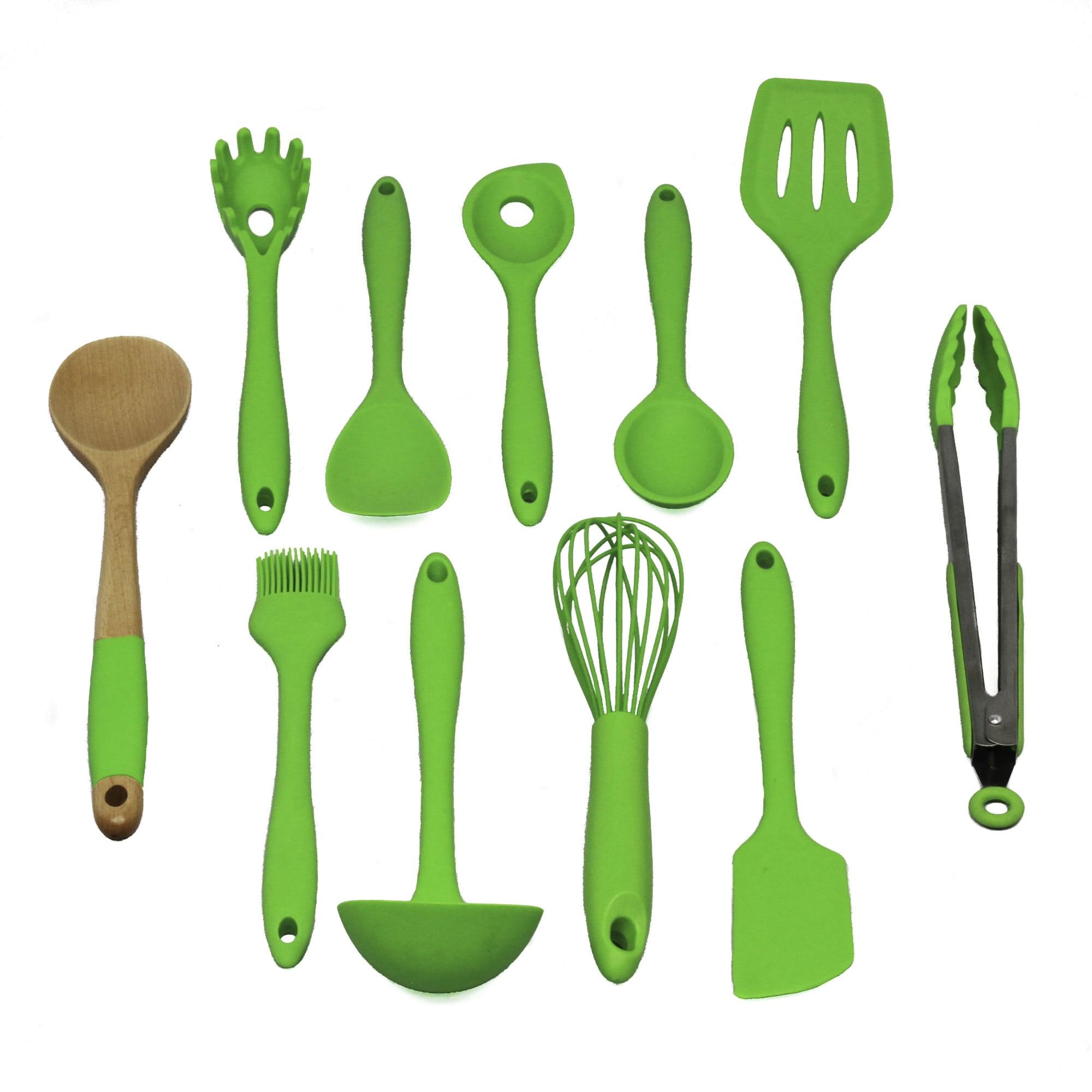 Green 11-Piece Silicone and Wood Kitchen Utensil Set