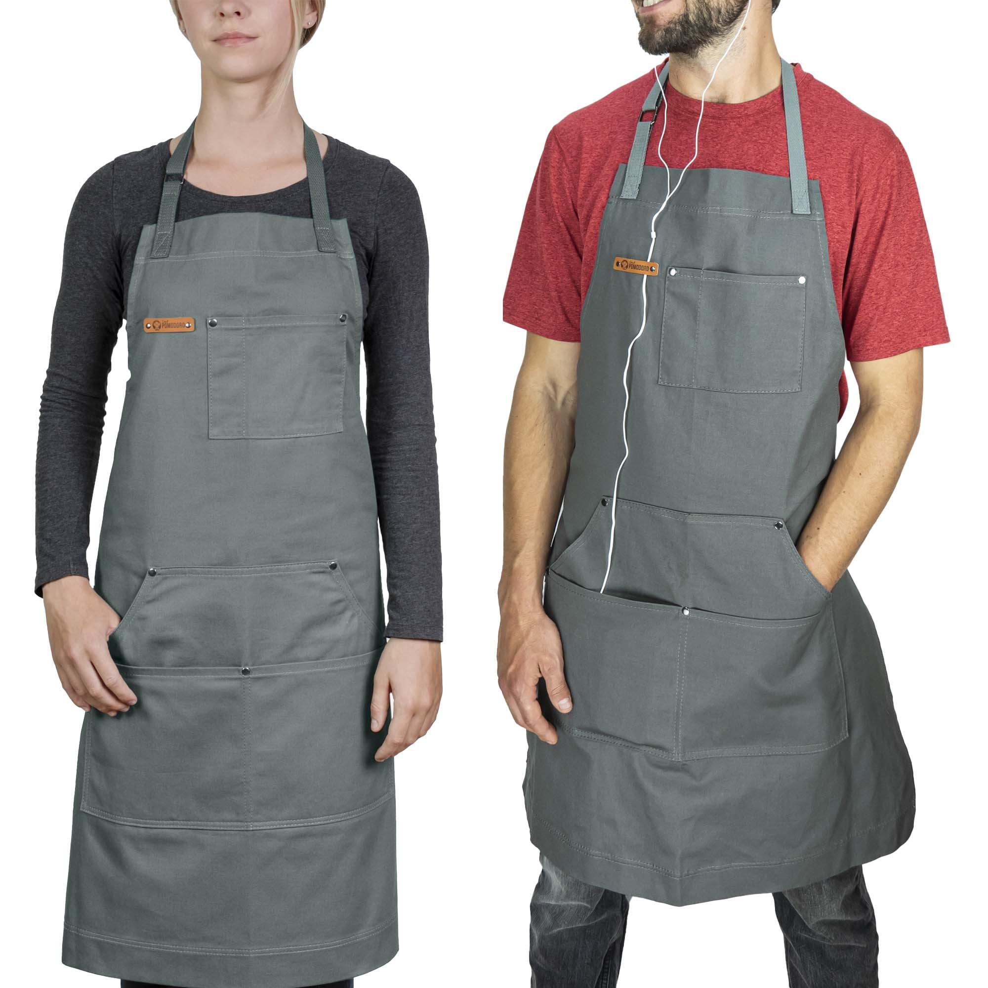 Gray Cotton Chef Apron with Adjustable Neck Strap and Pockets