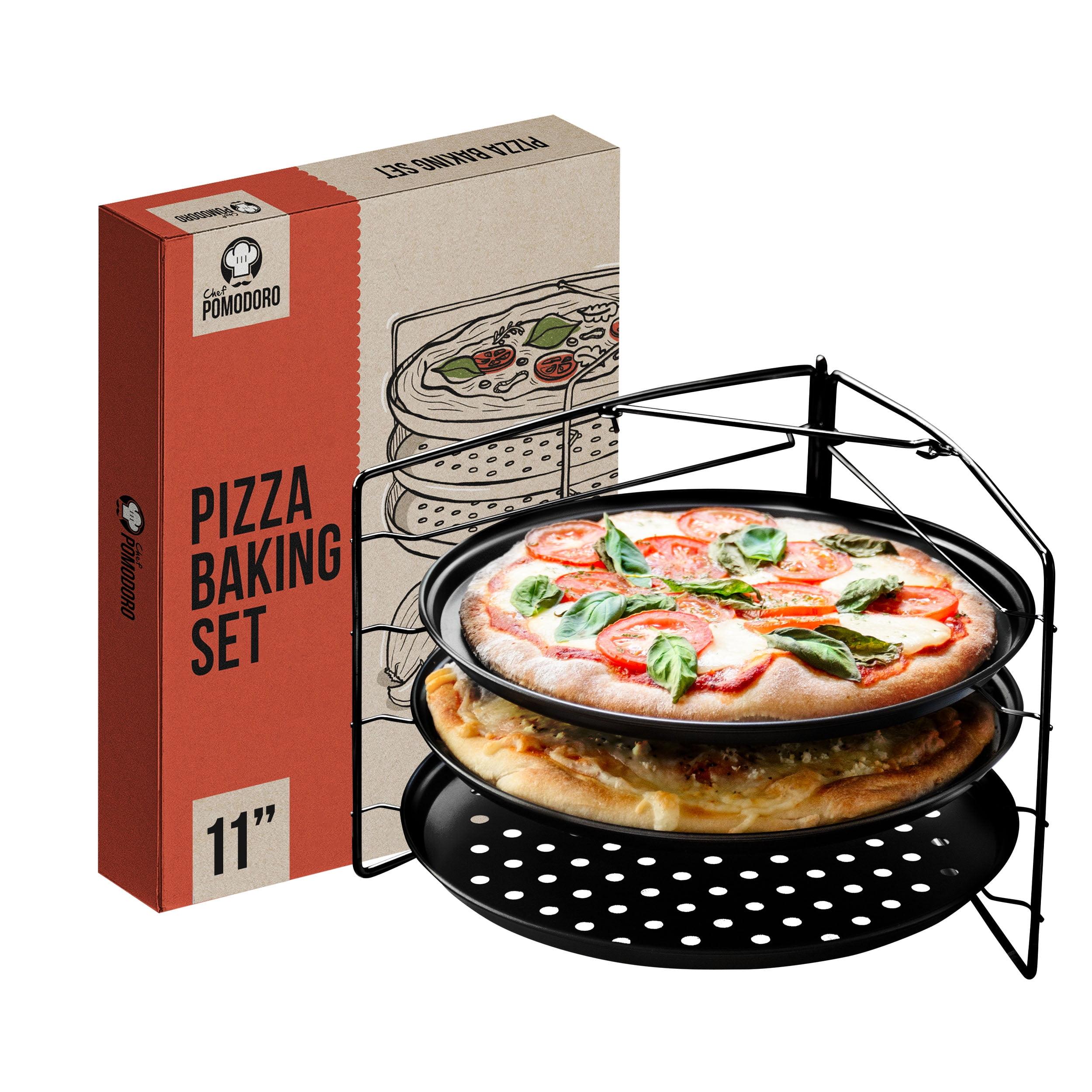 Chef Pomodoro Pizza Baking Set with 3 Pizza Pans 11" and Pizza Rack