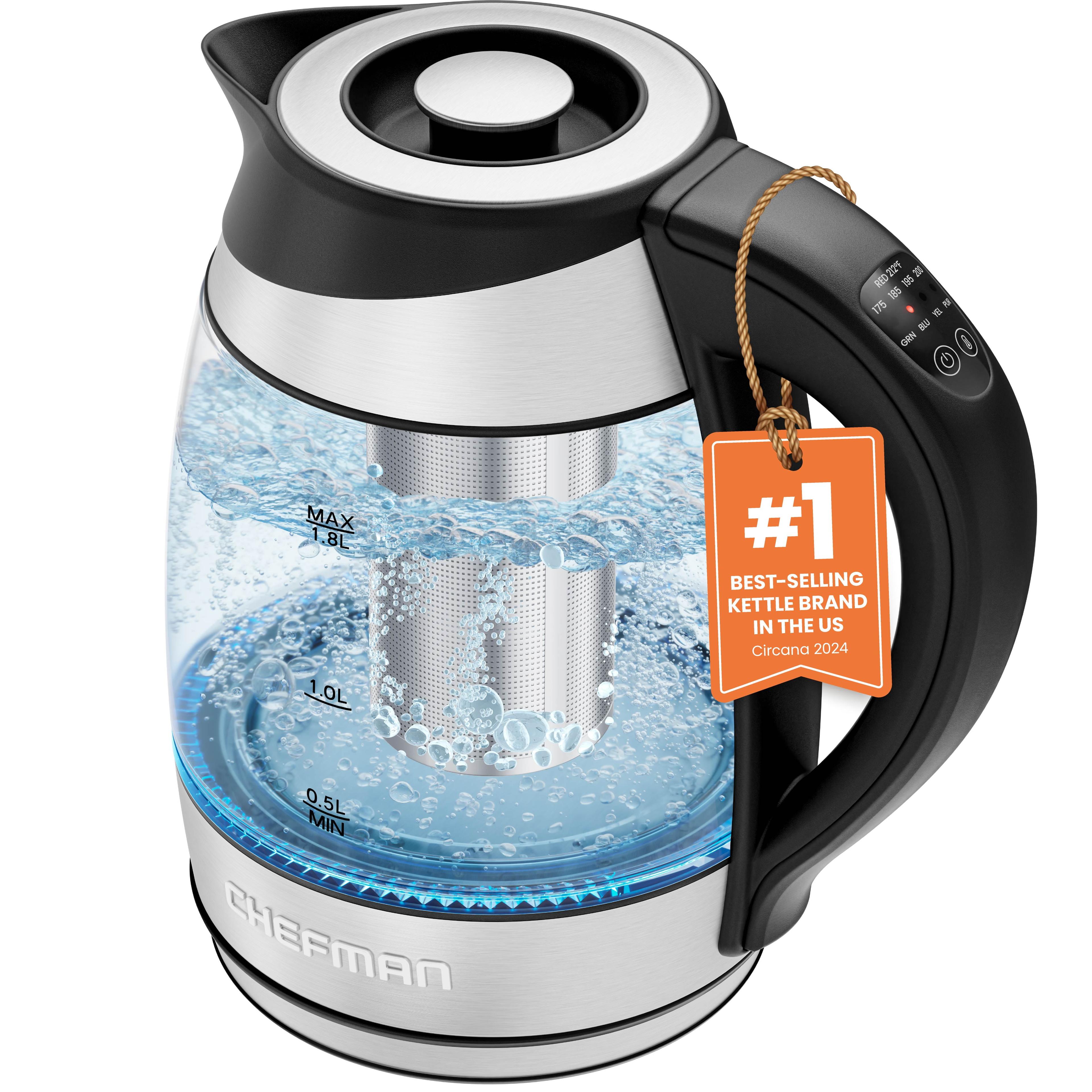 Chefman 1.8L Electric Glass Kettle w/ Temperature Control, Removable Tea Infuser - Stainless Steel, New